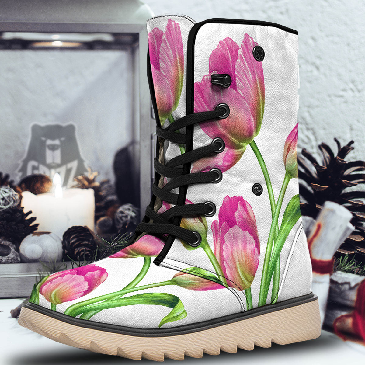 Tulip Flower Pink Watercolor Print Snow Boots-grizzshop