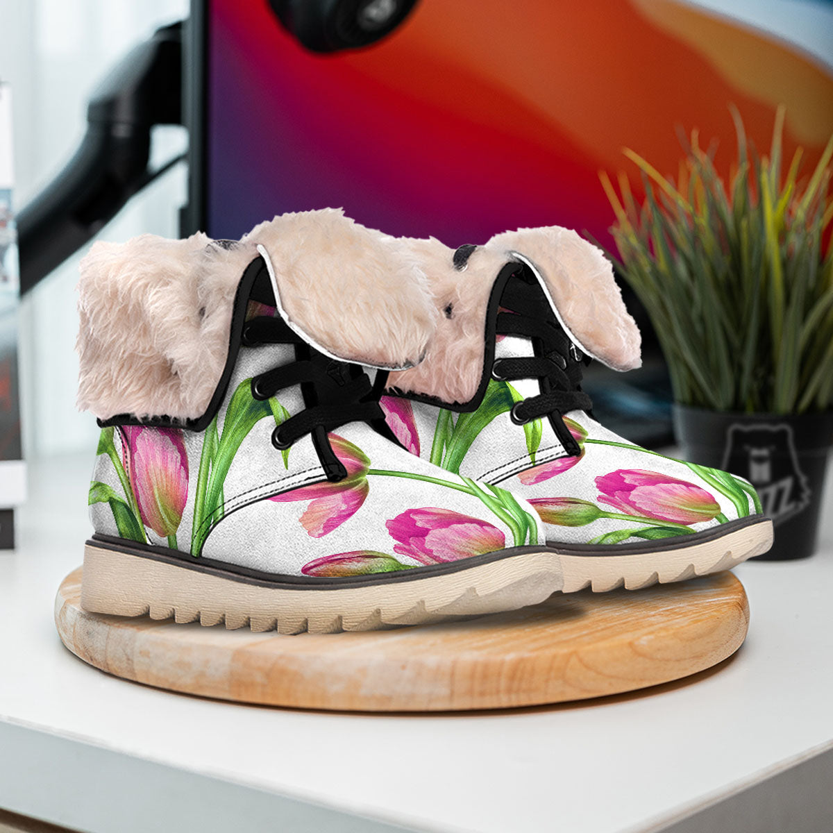 Tulip Flower Pink Watercolor Print Snow Boots-grizzshop