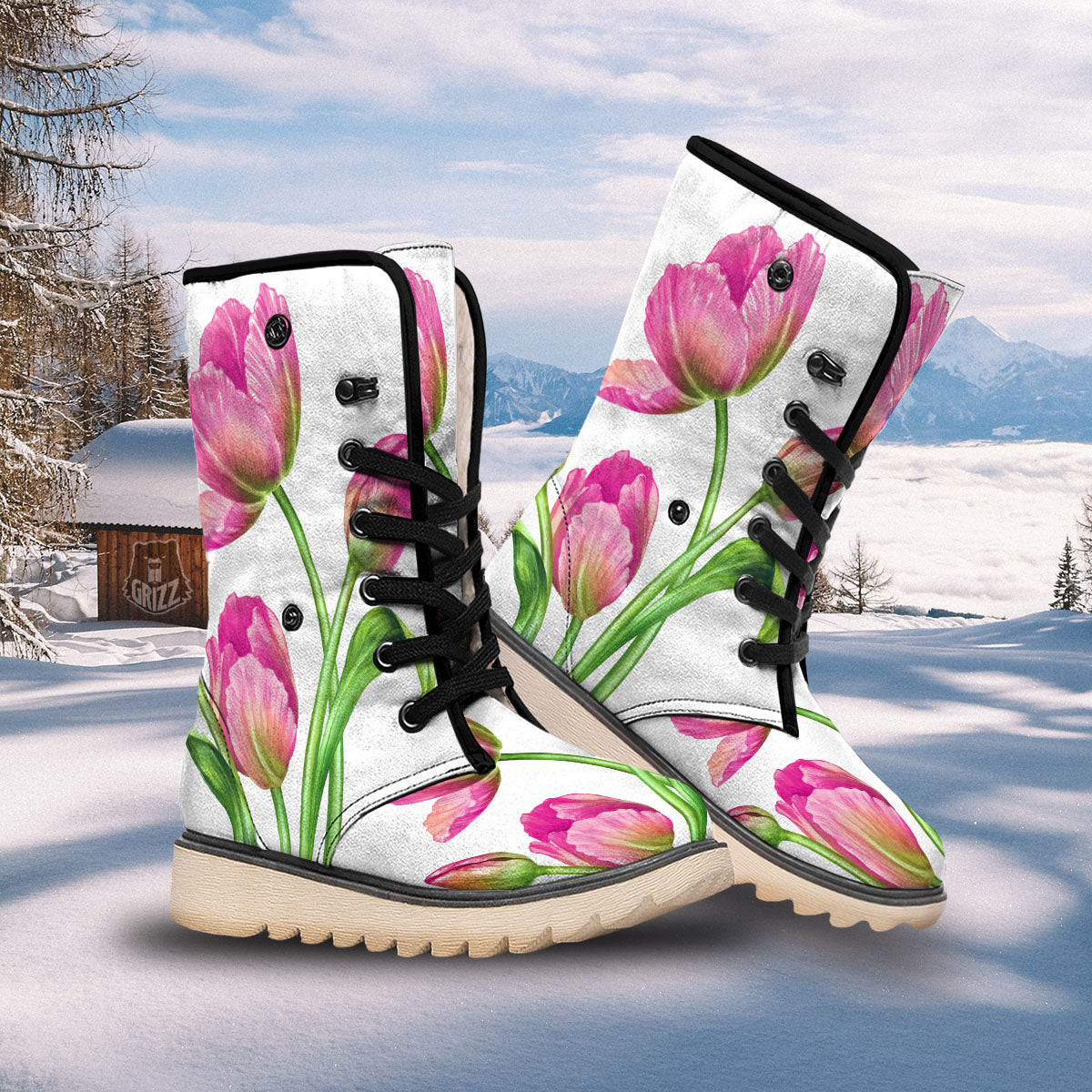Tulip Flower Pink Watercolor Print Snow Boots-grizzshop