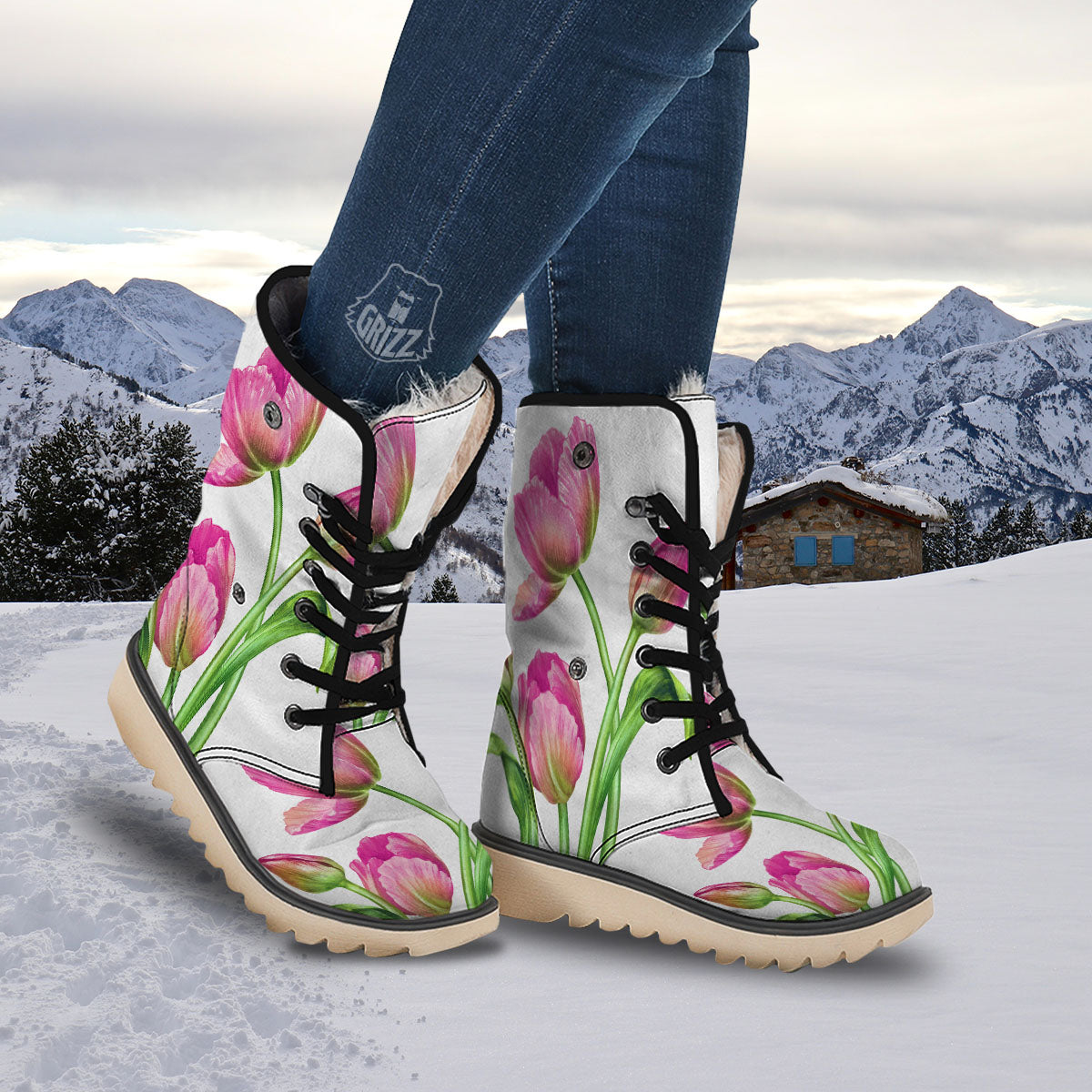 Tulip Flower Pink Watercolor Print Snow Boots-grizzshop