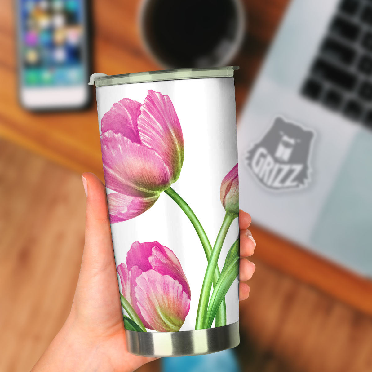 Tulip Flower Pink Watercolor Print Tumbler-grizzshop