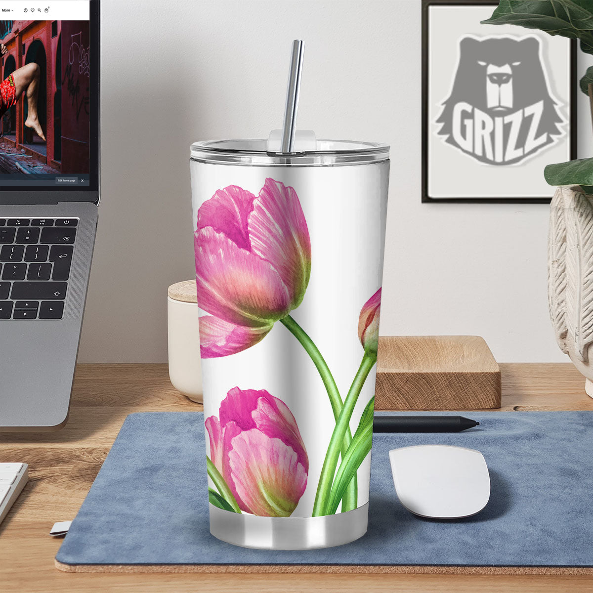 Tulip Flower Pink Watercolor Print Tumbler-grizzshop