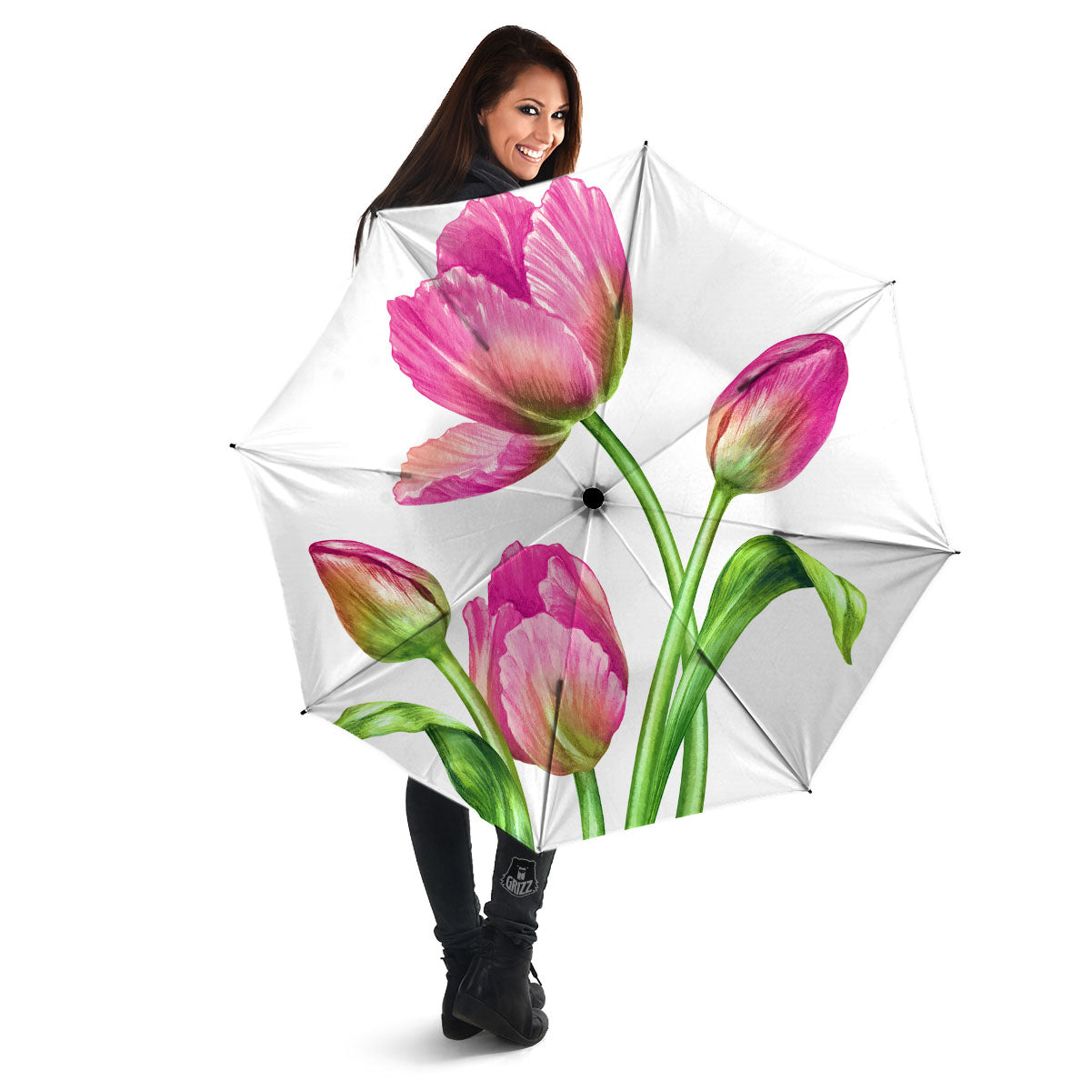 Tulip Flower Pink Watercolor Print Umbrella-grizzshop
