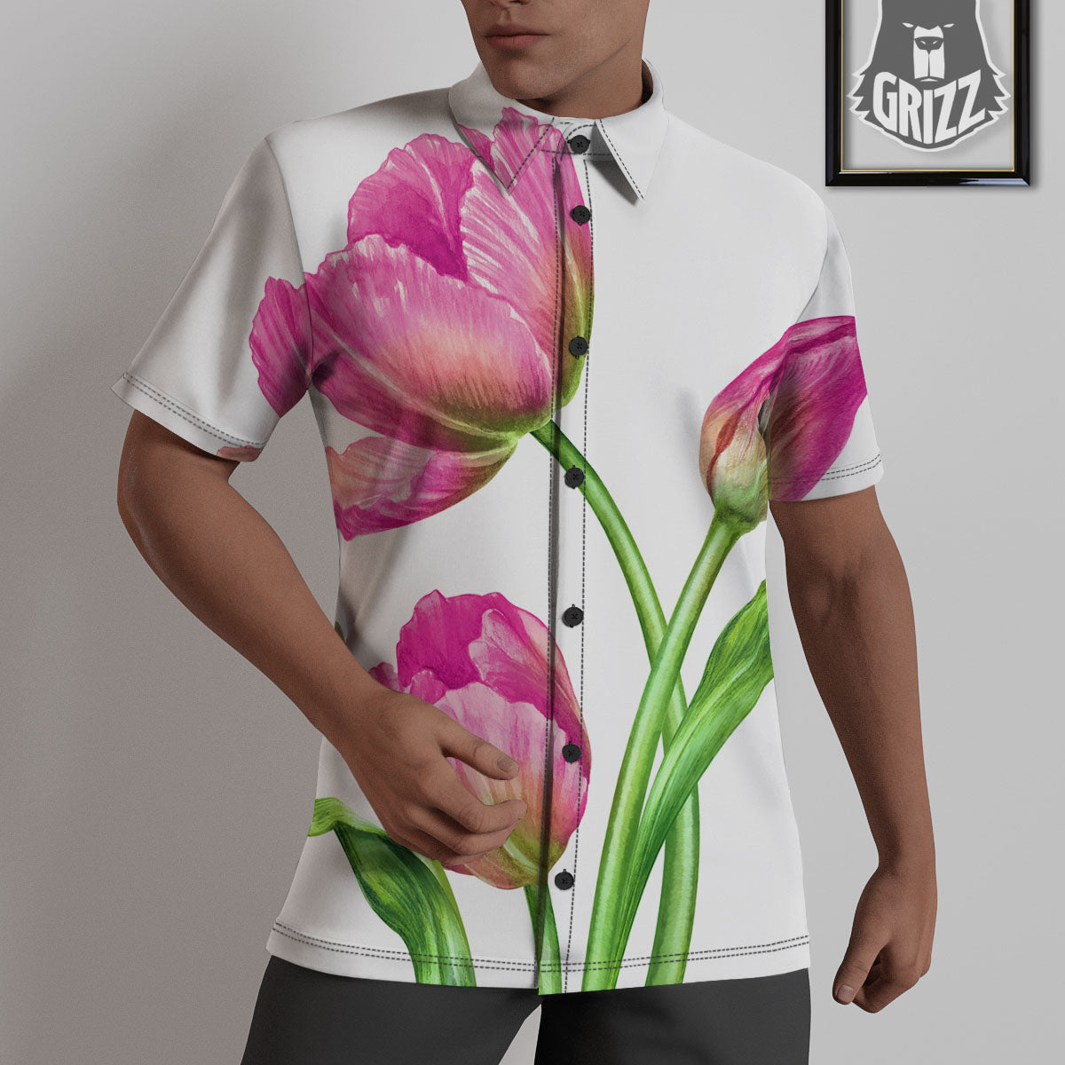 Tulip Flower Pink Watercolor Print Untucked Shirts-grizzshop