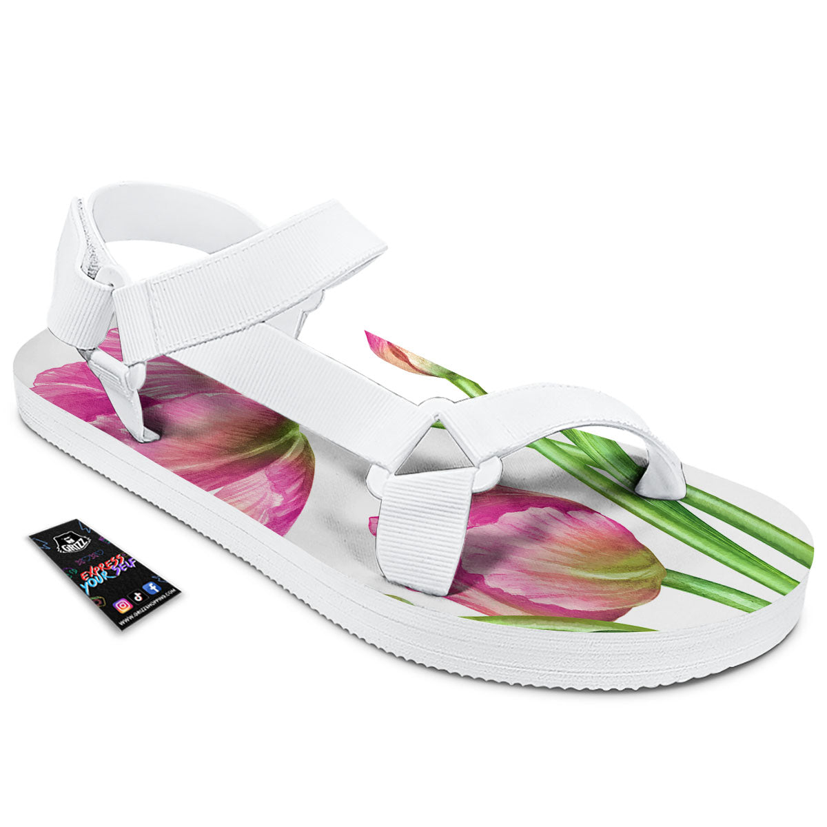 Tulip Flower Pink Watercolor Print White Open Toe Sandals-grizzshop