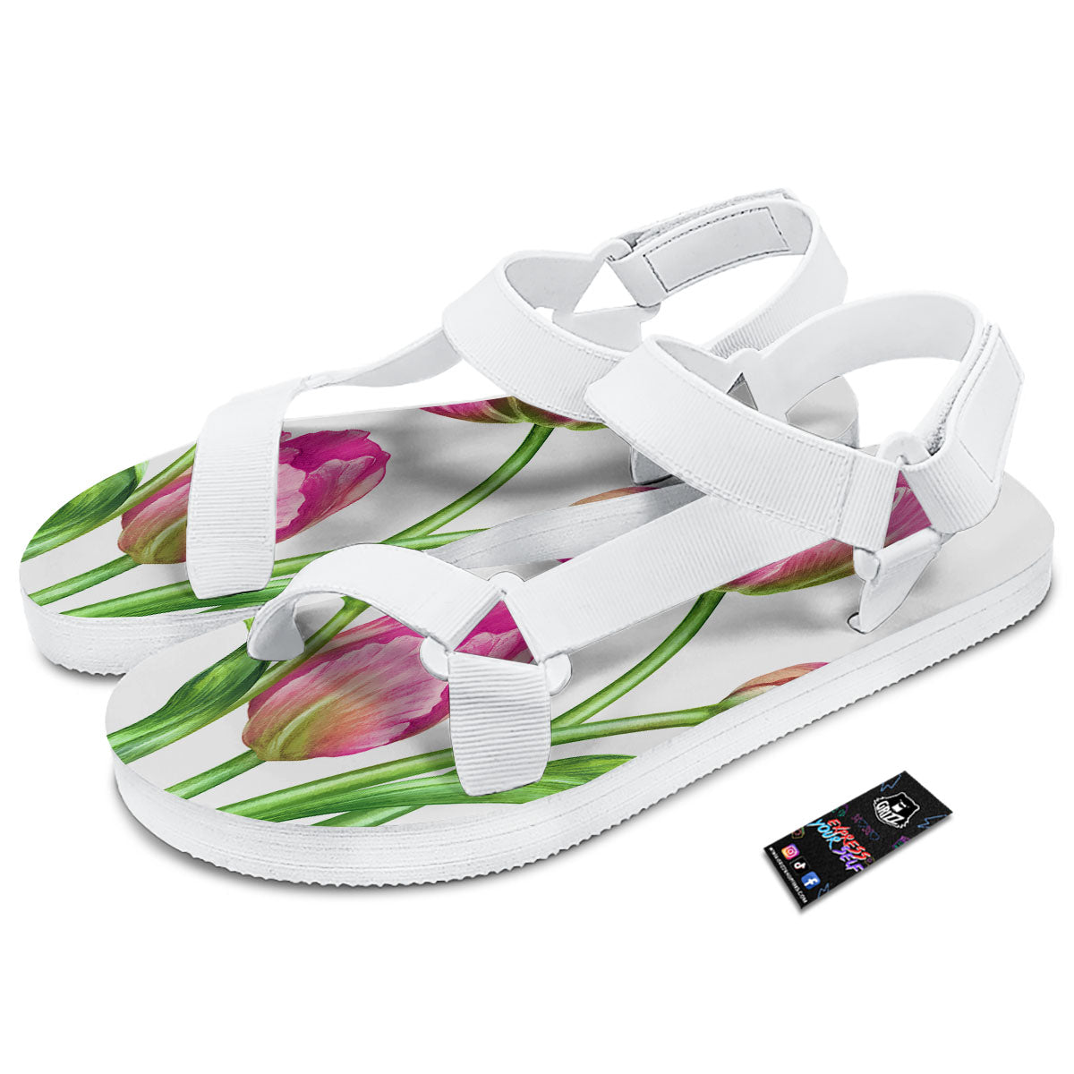Tulip Flower Pink Watercolor Print White Open Toe Sandals-grizzshop