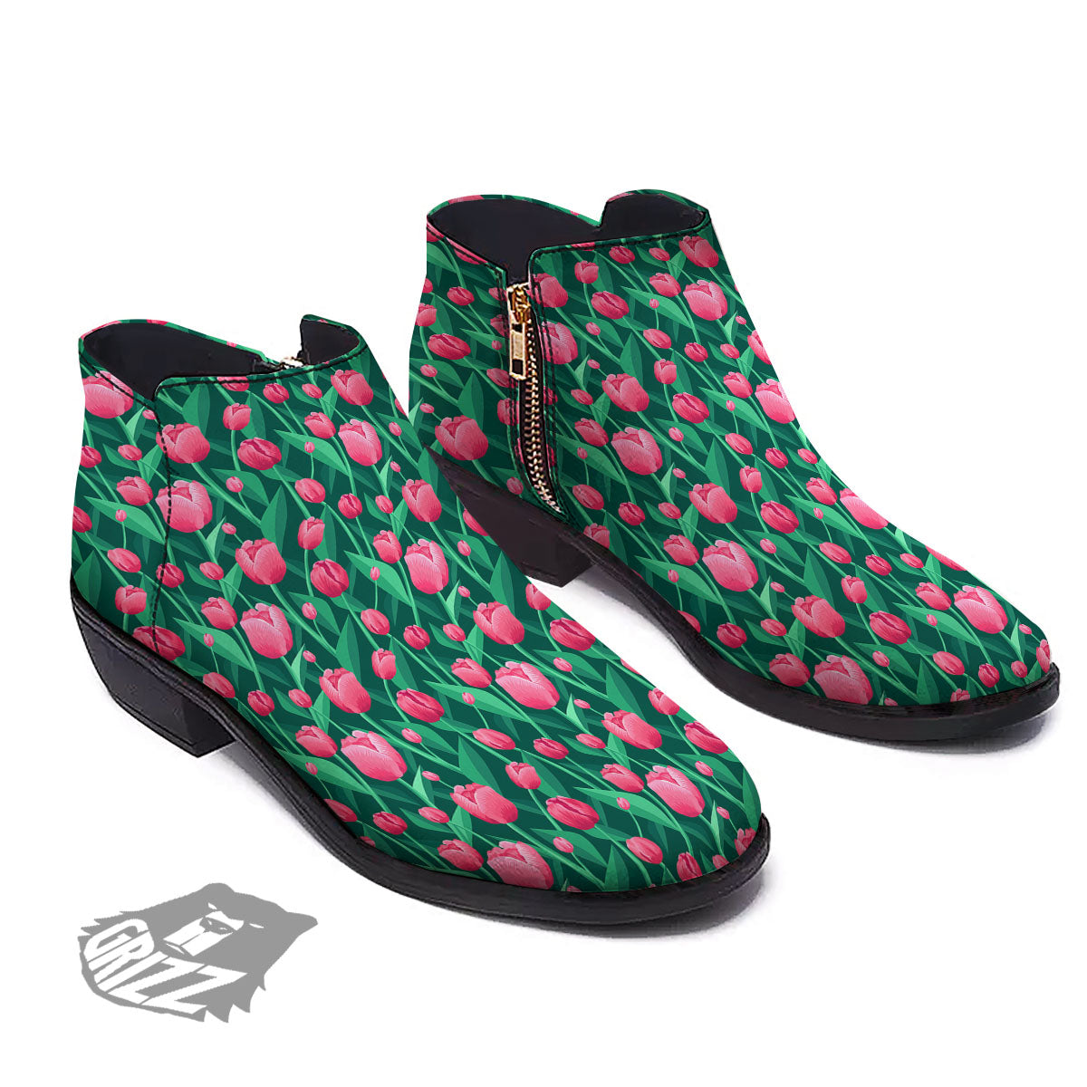 Tulip Pink Print Pattern Ankle Boots-grizzshop