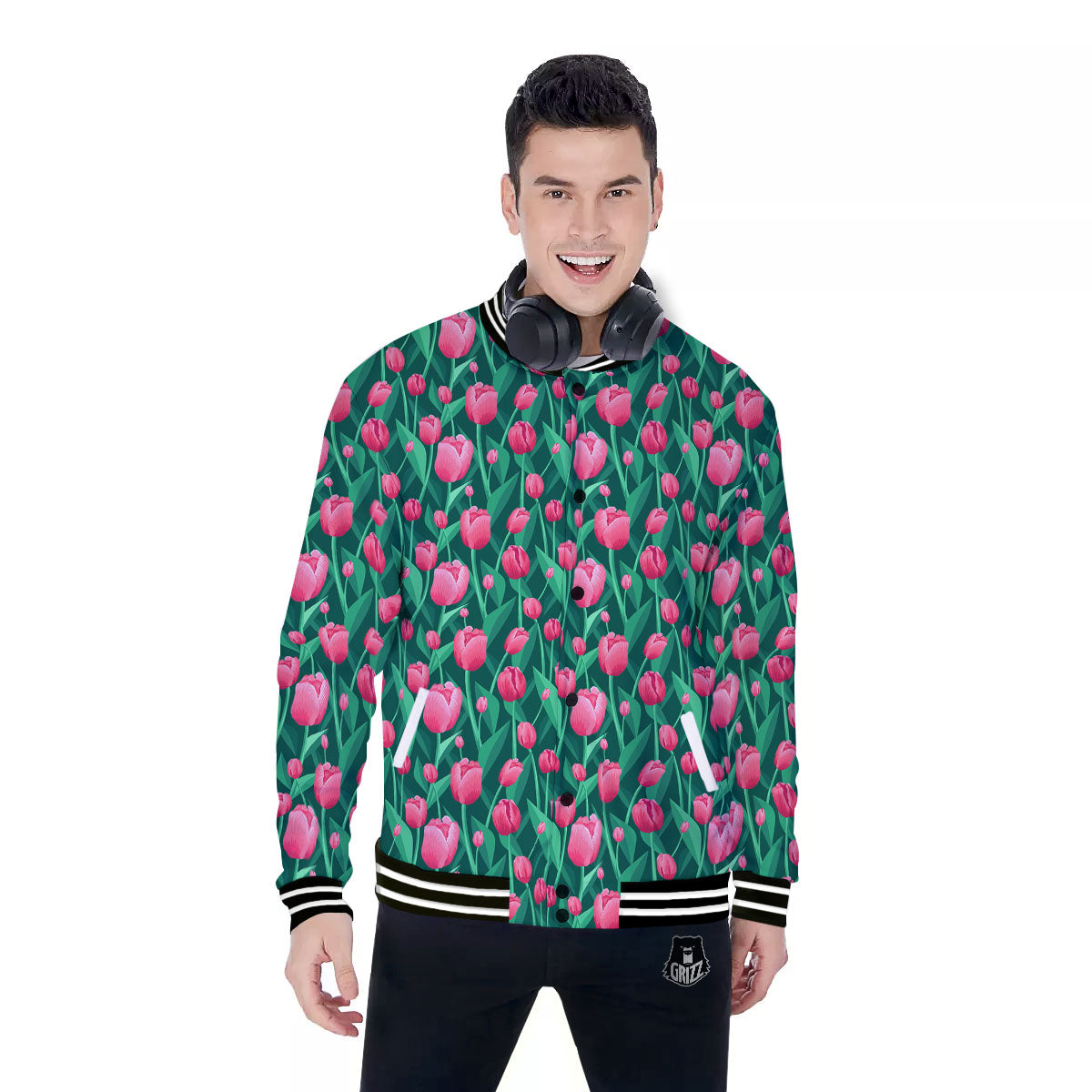 Tulip Pink Print Pattern Baseball Jacket-grizzshop