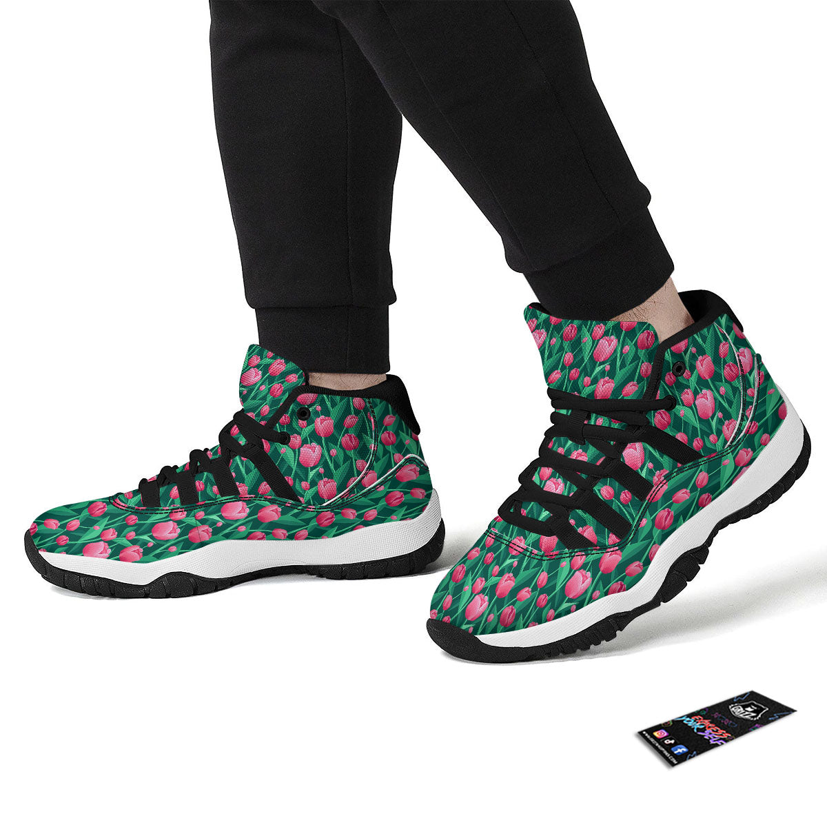 Tulip Pink Print Pattern Black Bball Shoes-grizzshop