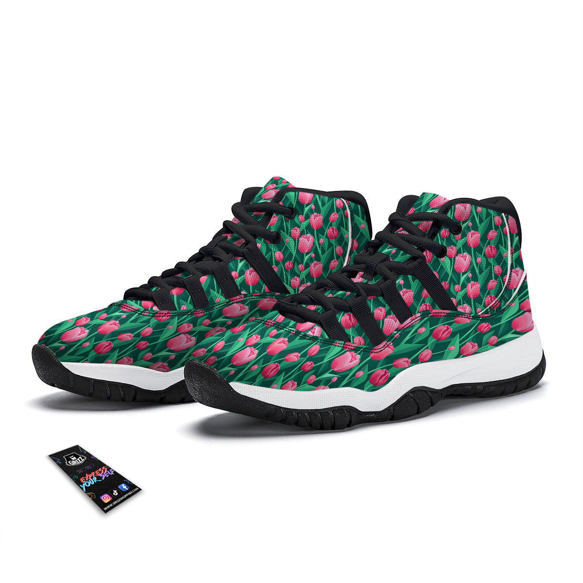 Tulip Pink Print Pattern Black Bball Shoes-grizzshop