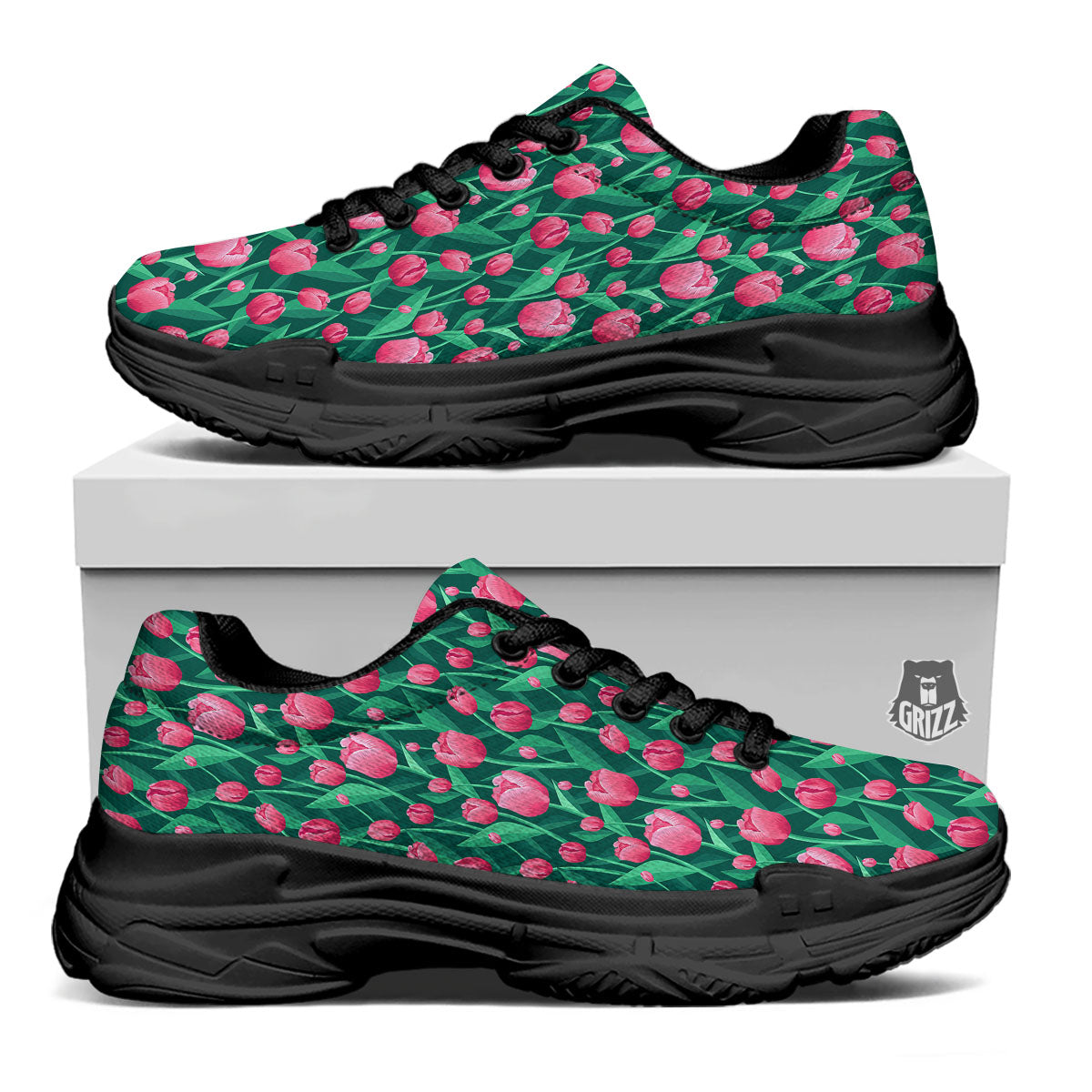Tulip Pink Print Pattern Black Chunky Shoes-grizzshop