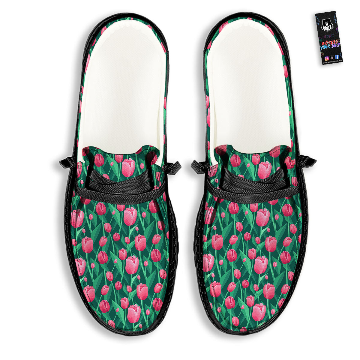 Tulip Pink Print Pattern Black Loafers-grizzshop