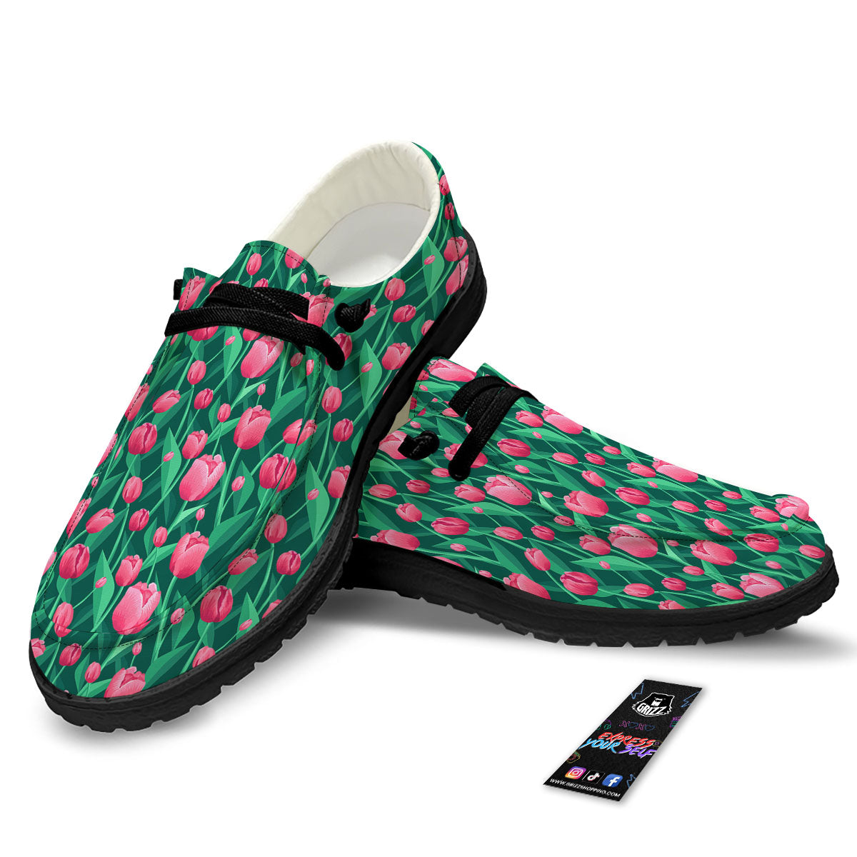 Tulip Pink Print Pattern Black Loafers-grizzshop