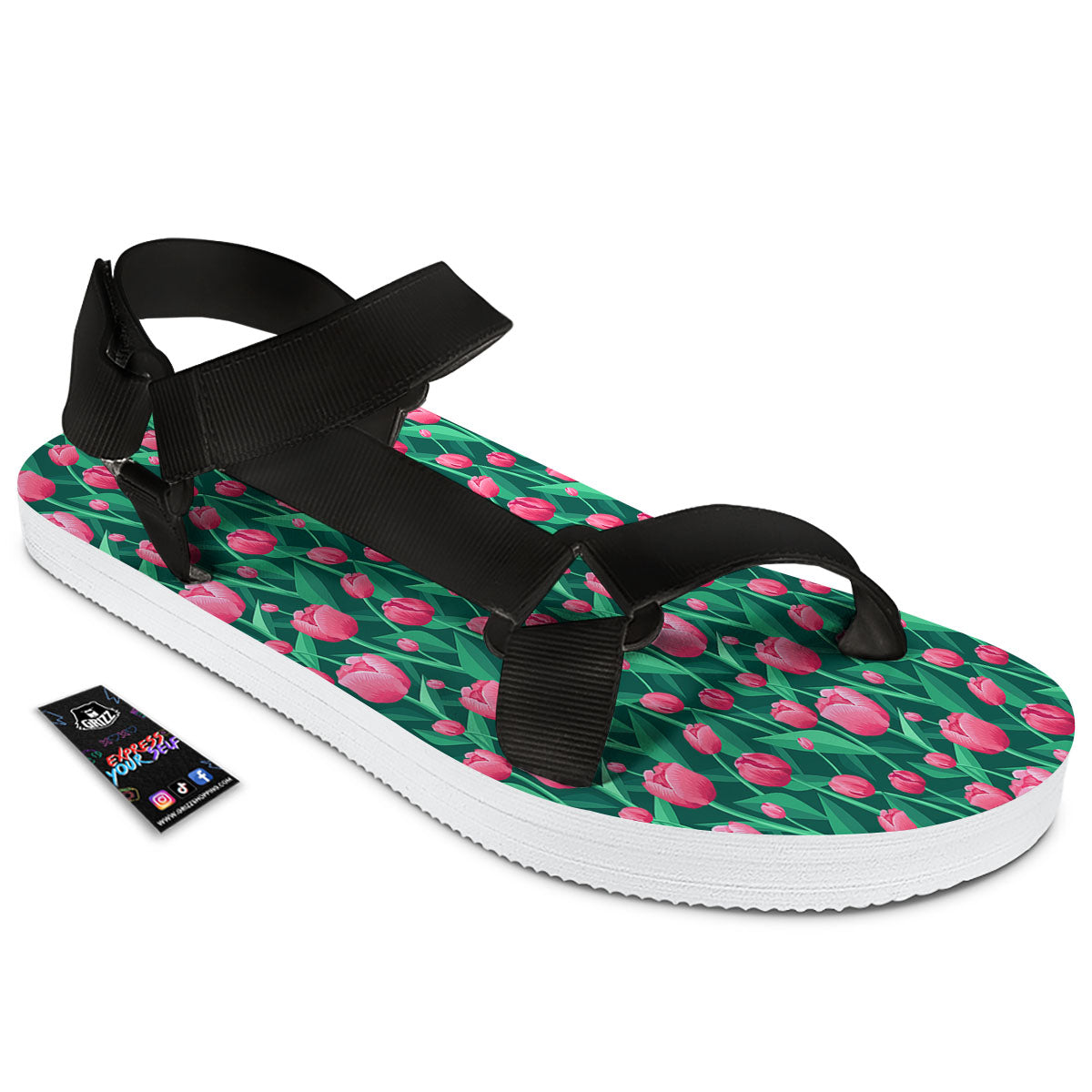 Tulip Pink Print Pattern Black Open Toe Sandals-grizzshop