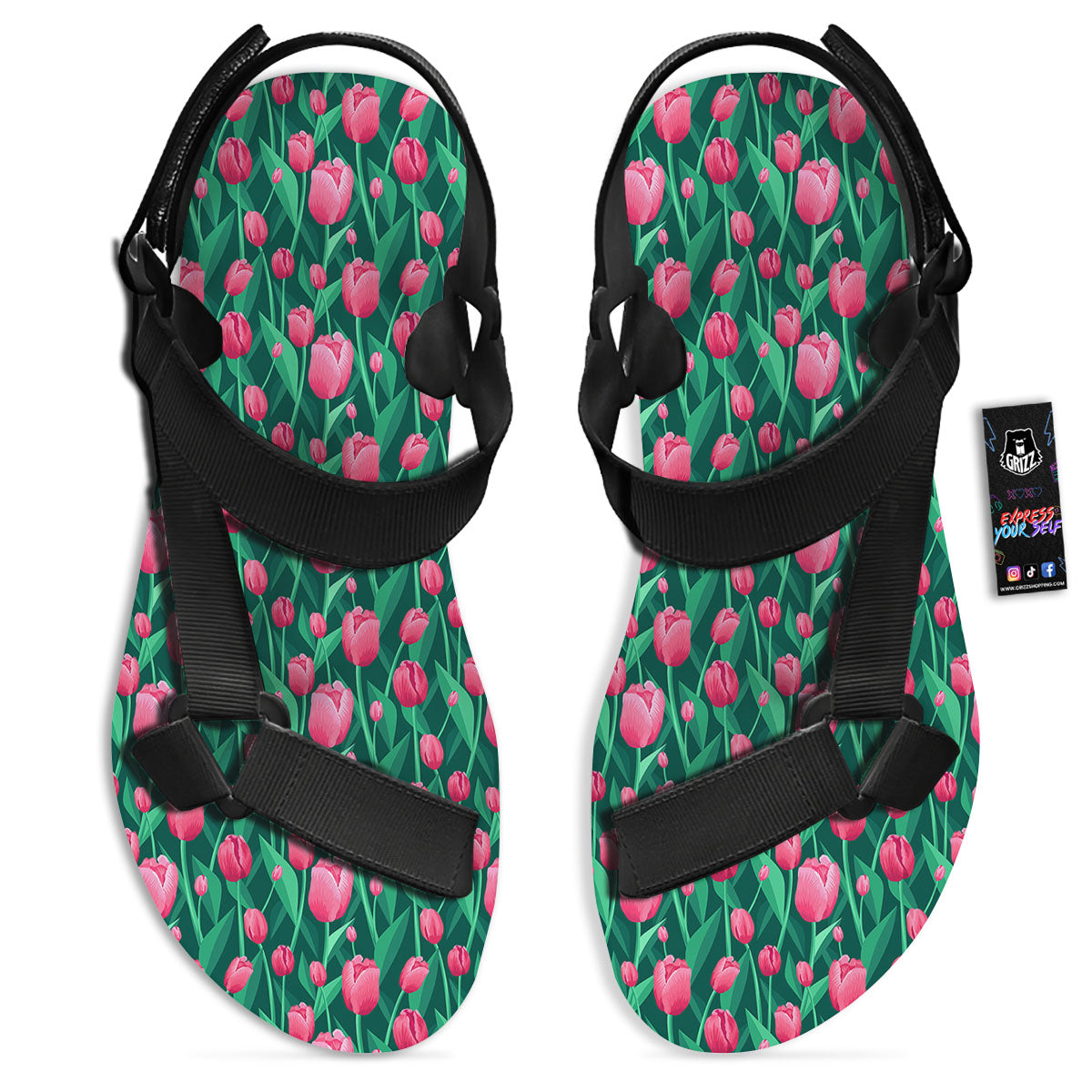 Tulip Pink Print Pattern Black Open Toe Sandals-grizzshop