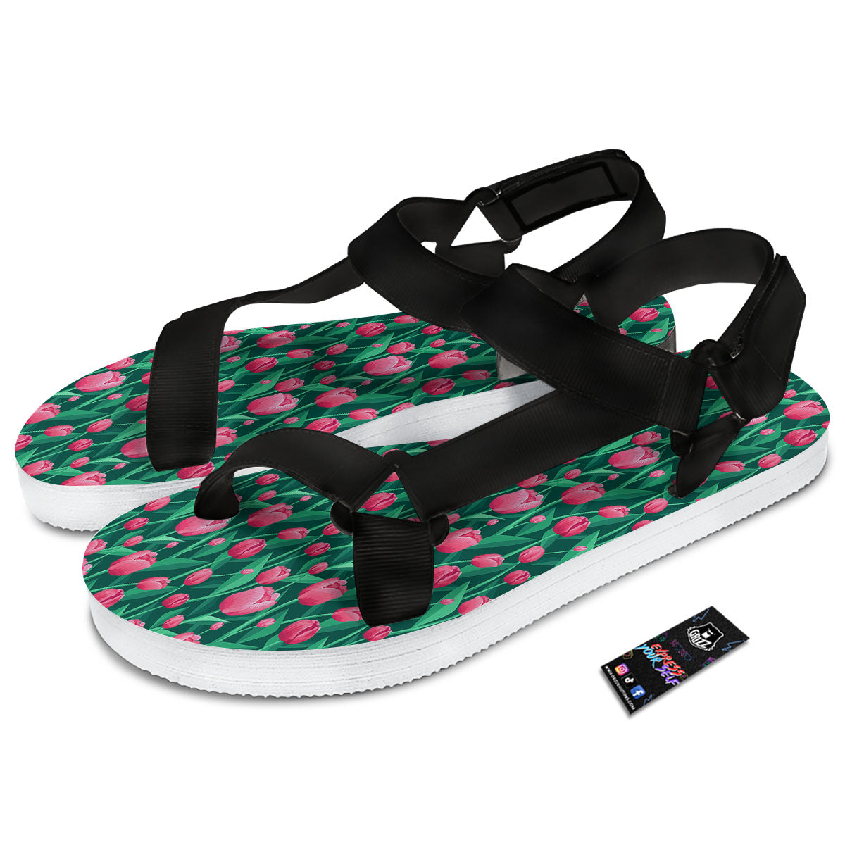 Tulip Pink Print Pattern Black Open Toe Sandals-grizzshop