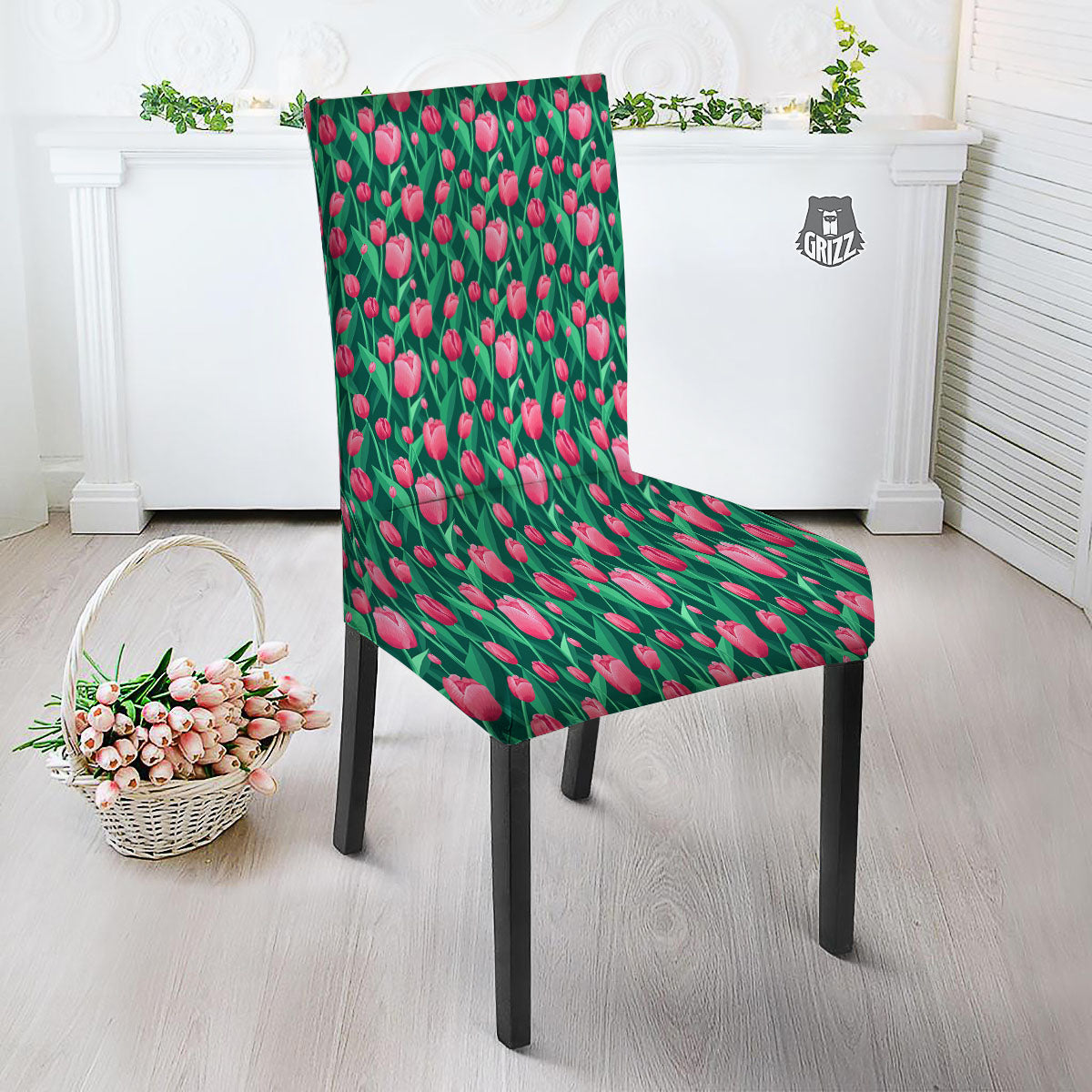 Tulip Pink Print Pattern Dining Chair Slipcover-grizzshop