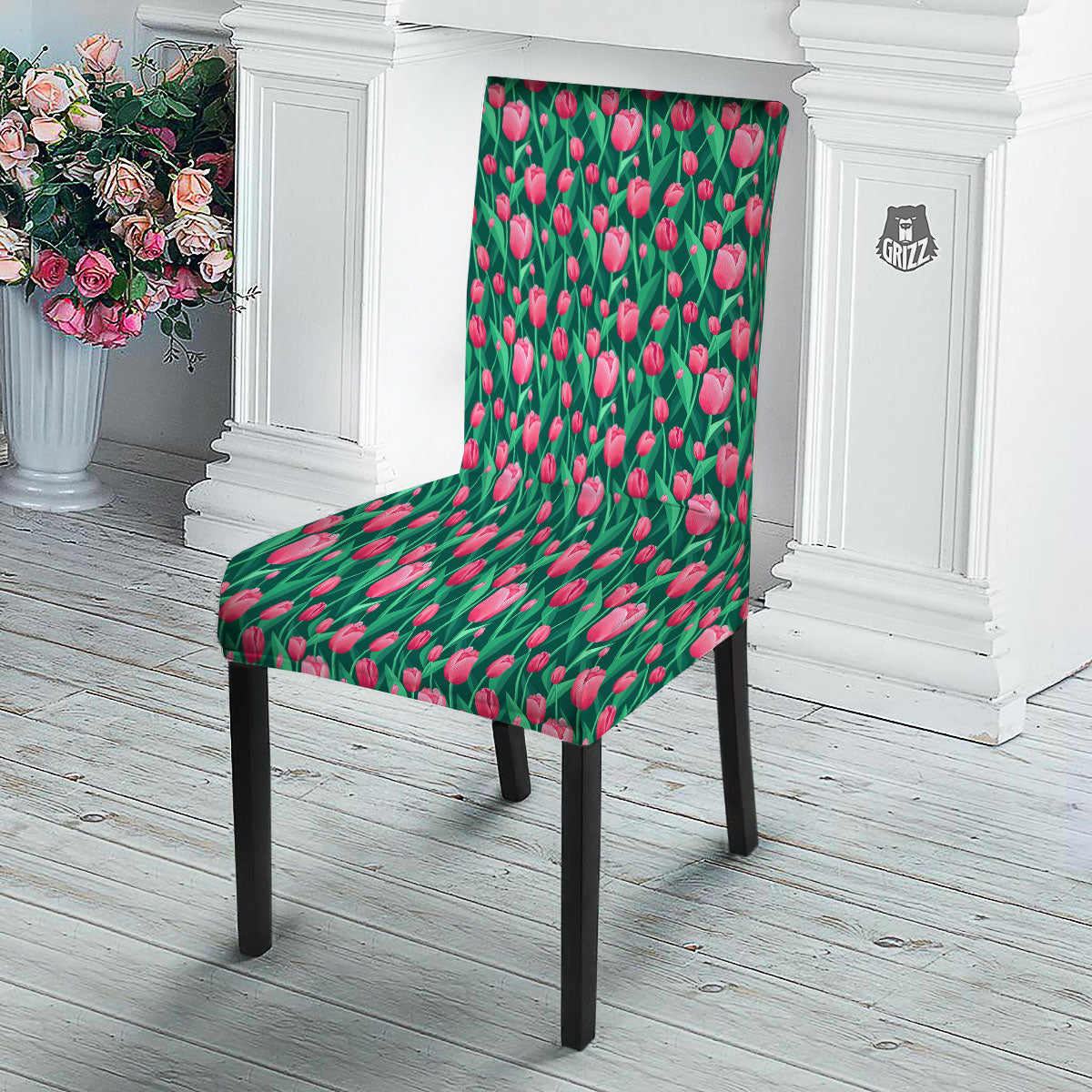 Tulip Pink Print Pattern Dining Chair Slipcover-grizzshop