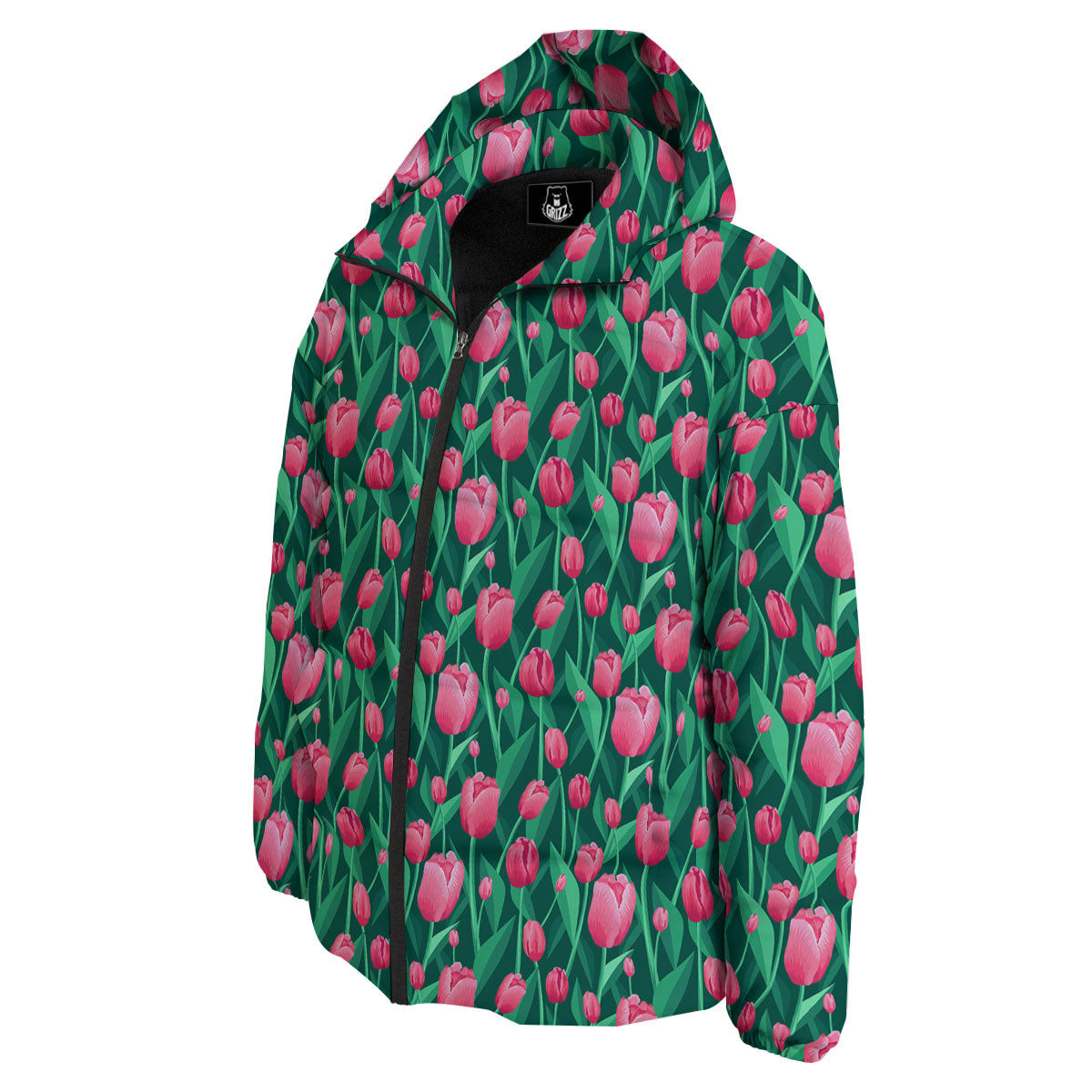 Tulip Pink Print Pattern Down Jacket-grizzshop