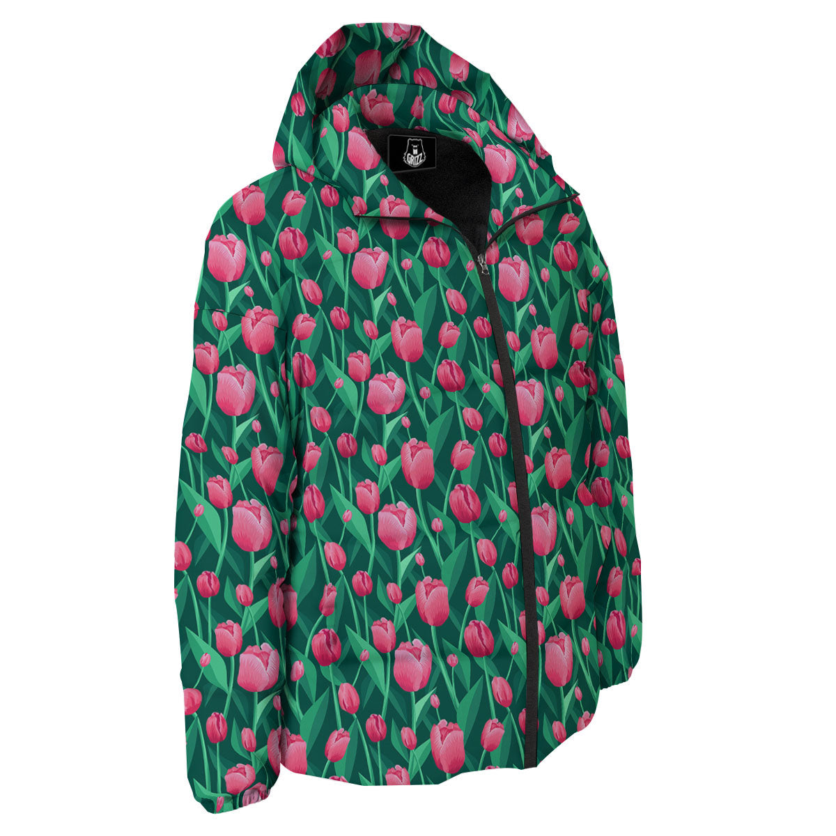 Tulip Pink Print Pattern Down Jacket-grizzshop