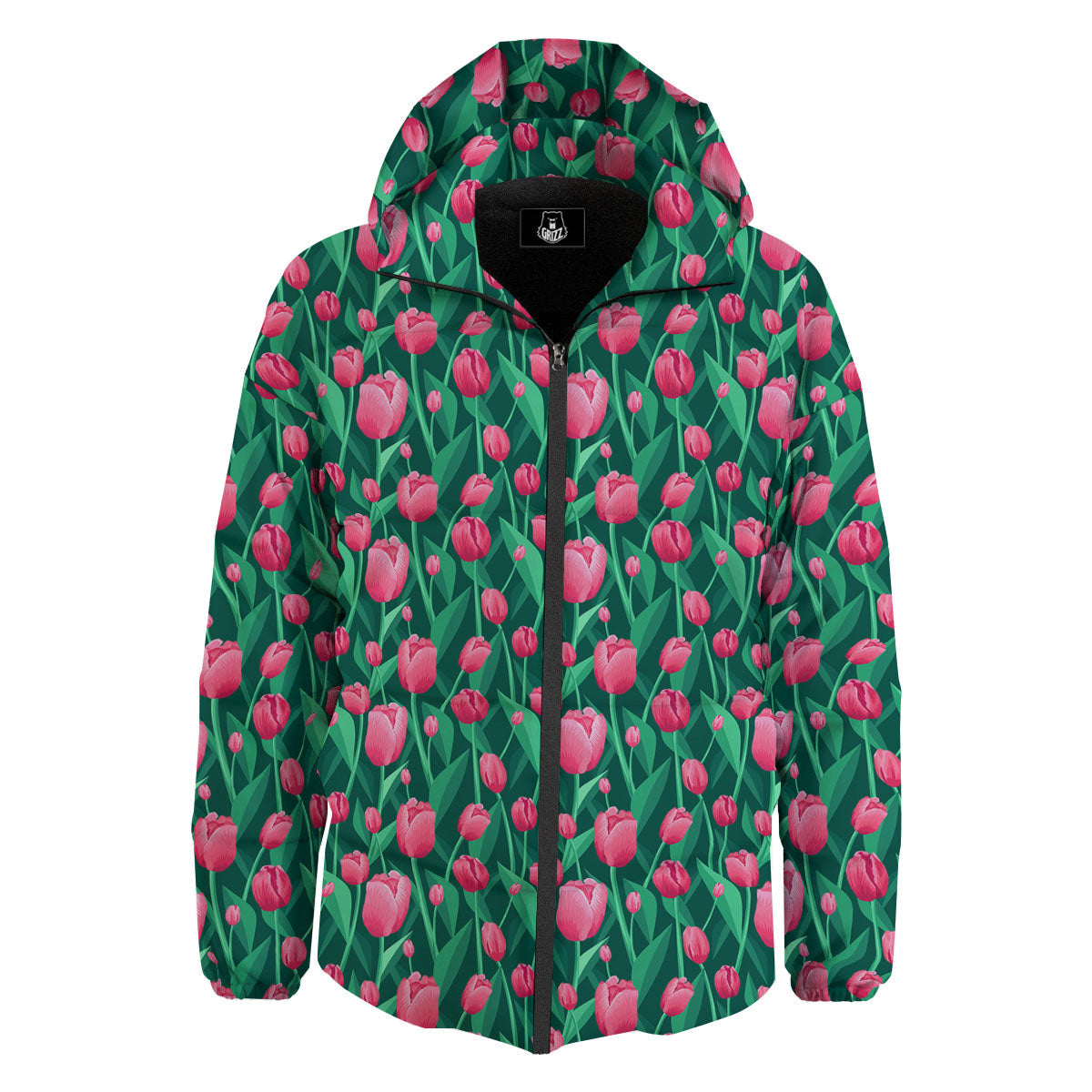 Tulip Pink Print Pattern Down Jacket-grizzshop