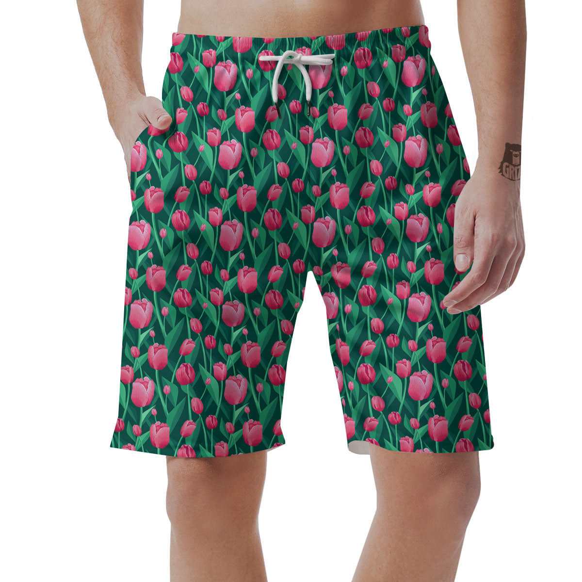 Tulip Pink Print Pattern Men's Shorts-grizzshop