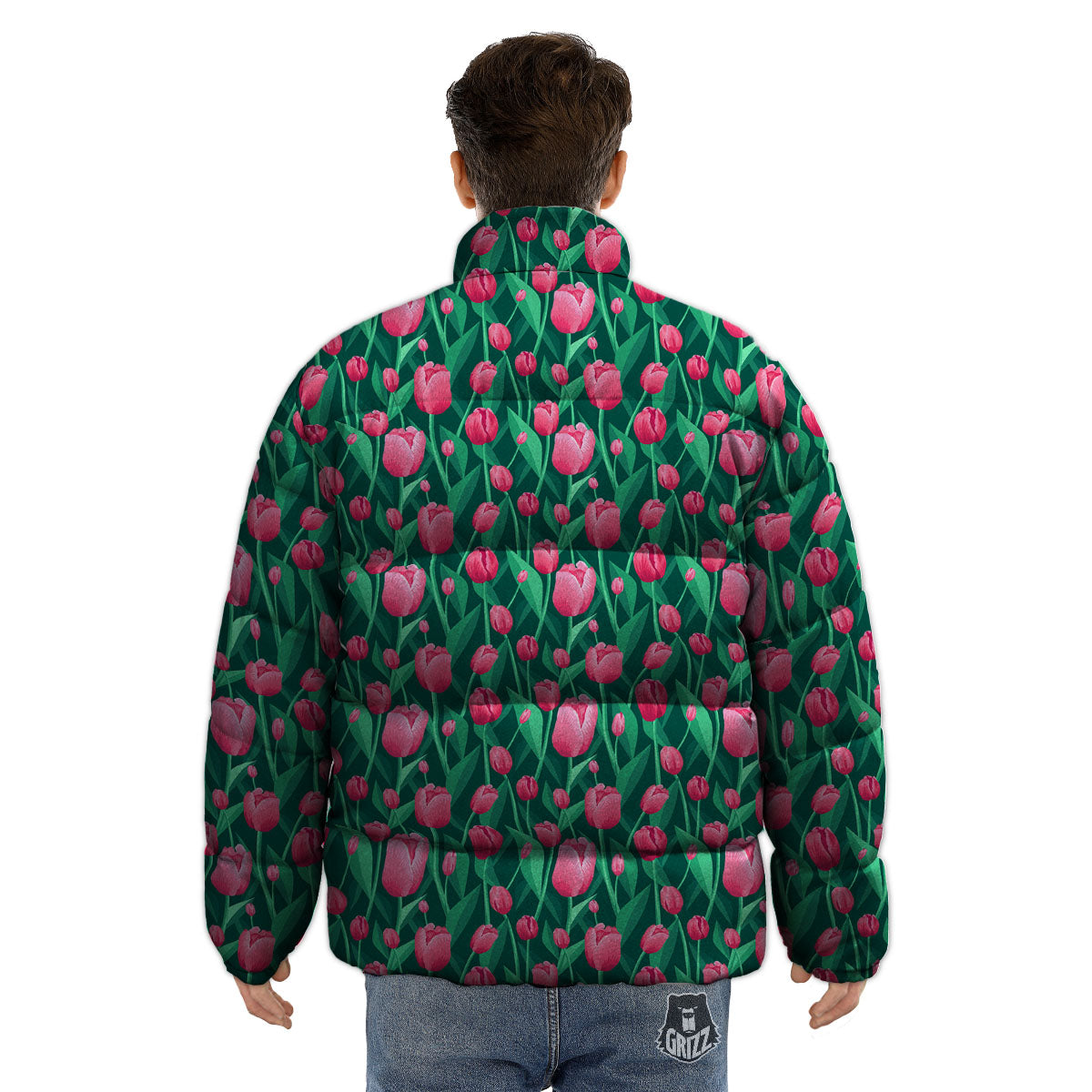 Tulip Pink Print Pattern Puffer Jacket-grizzshop