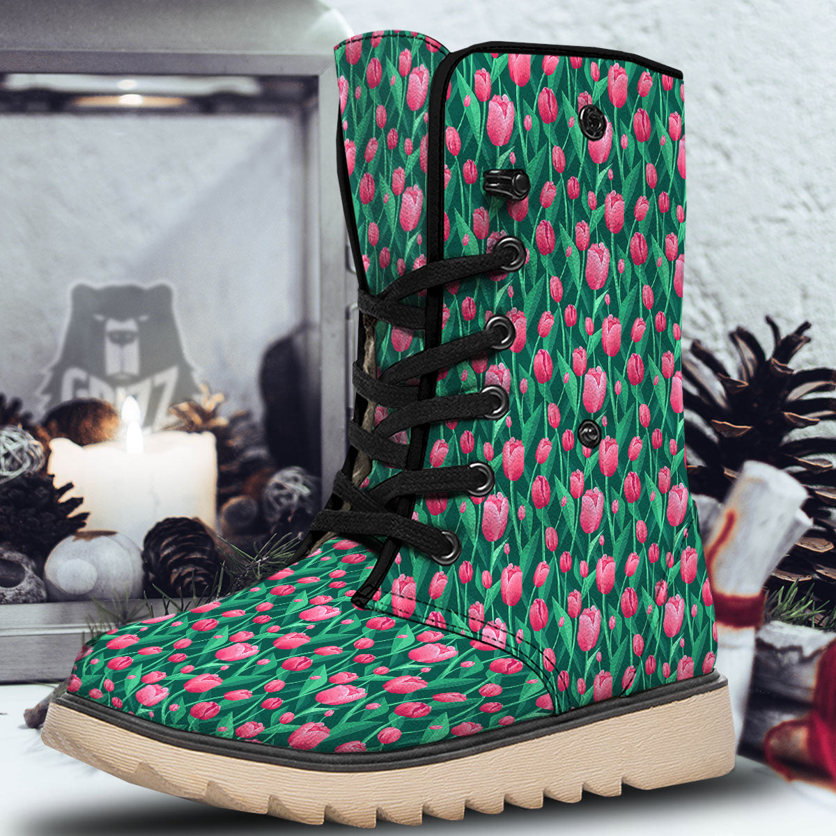 Tulip Pink Print Pattern Snow Boots-grizzshop