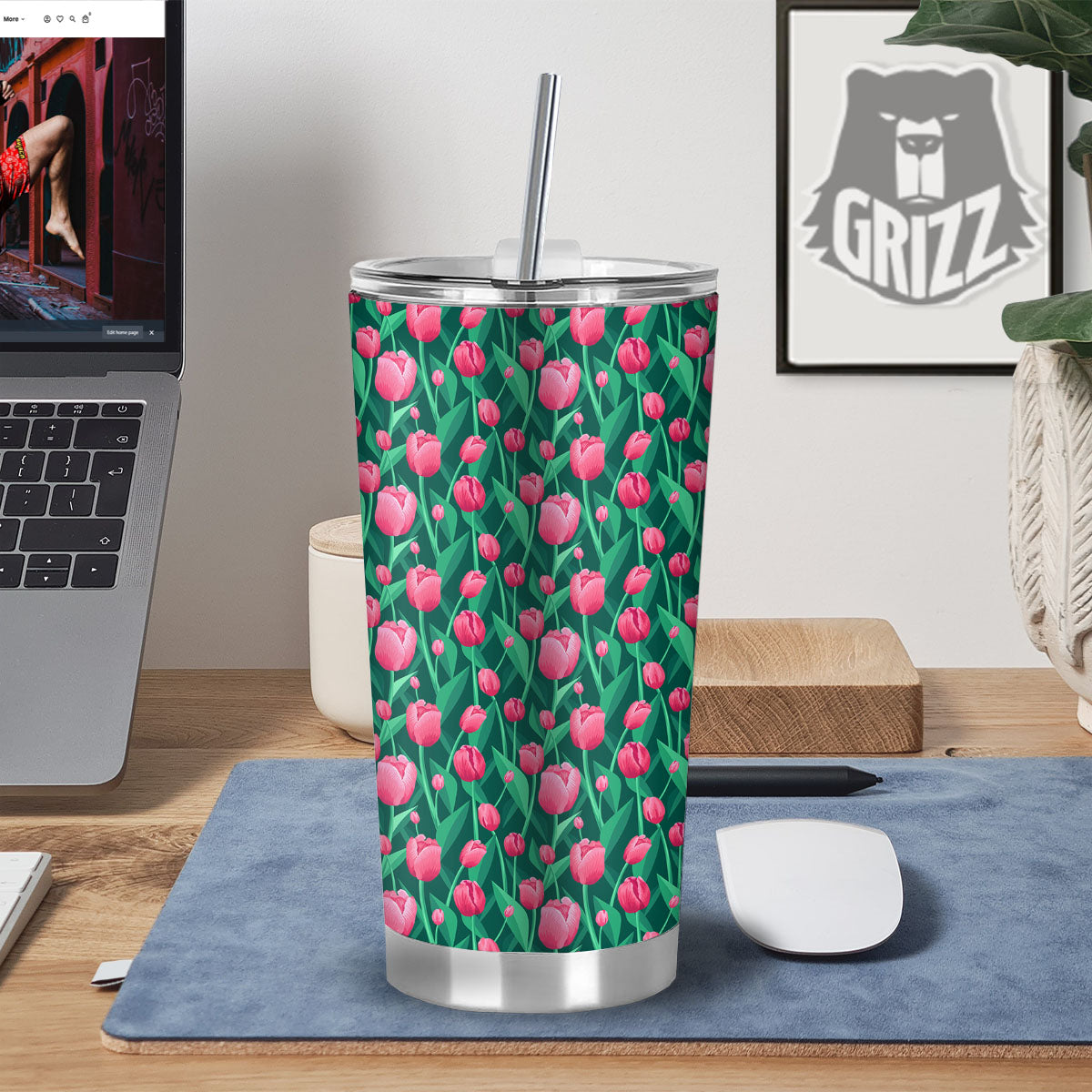 Tulip Pink Print Pattern Tumbler-grizzshop