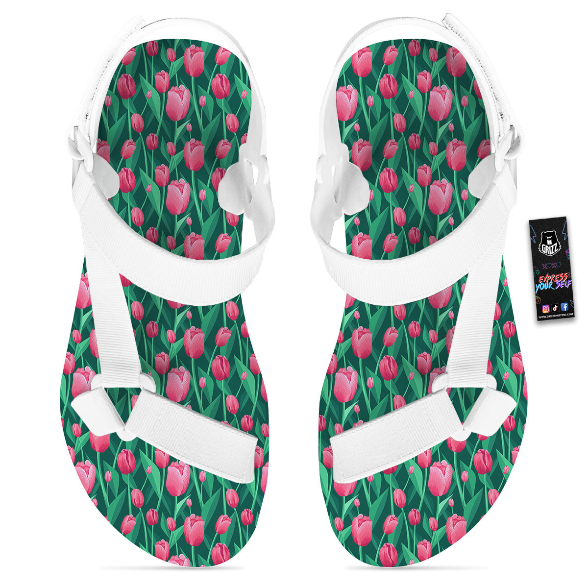 Tulip Pink Print Pattern White Open Toe Sandals-grizzshop