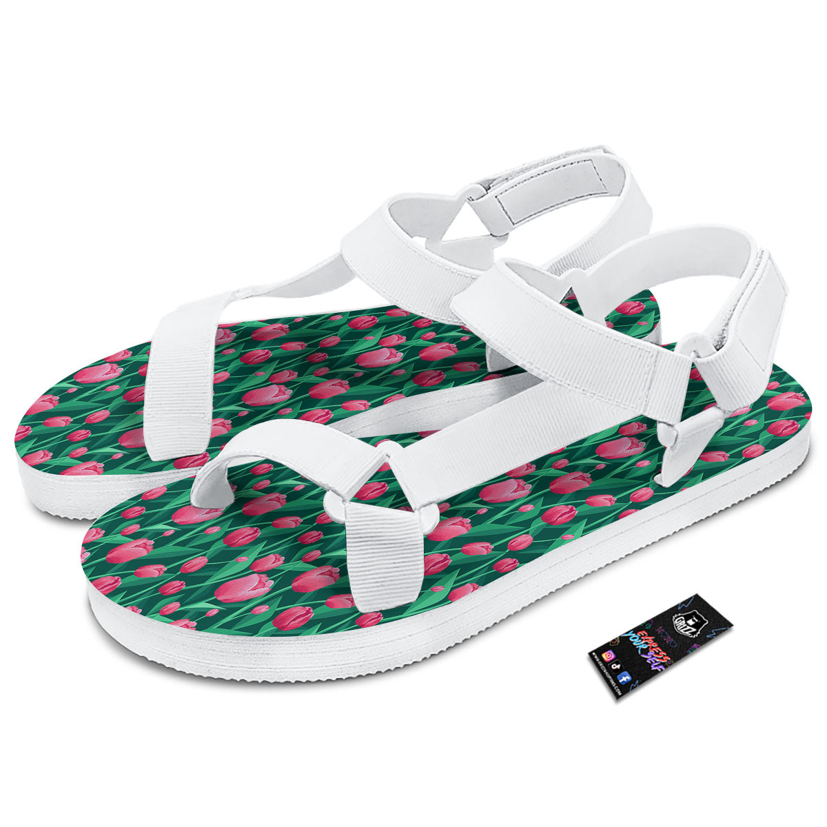 Tulip Pink Print Pattern White Open Toe Sandals-grizzshop