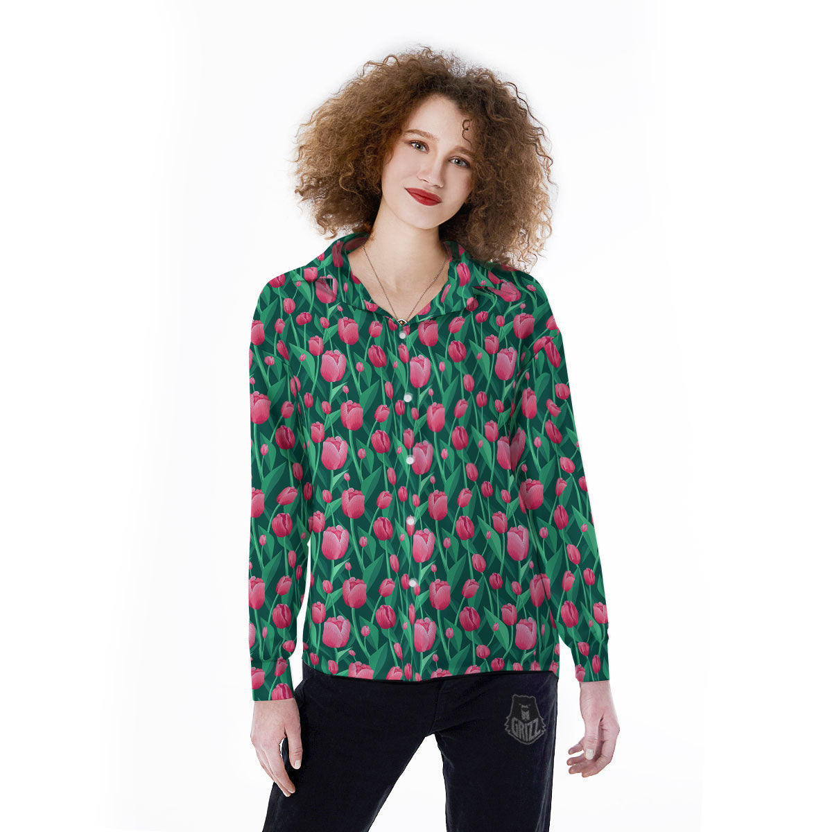 Tulip Pink Print Pattern Women's Long Sleeve Shirts-grizzshop