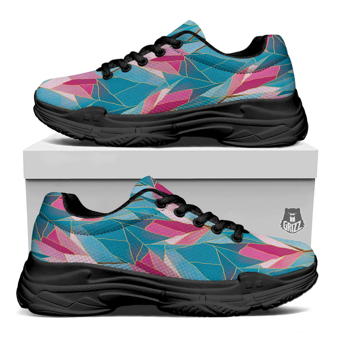 Tulip Polygon Print Pattern Black Chunky Shoes-grizzshop