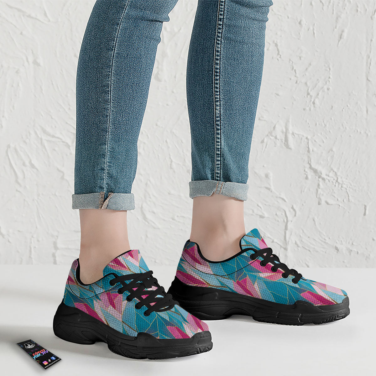 Tulip Polygon Print Pattern Black Chunky Shoes-grizzshop