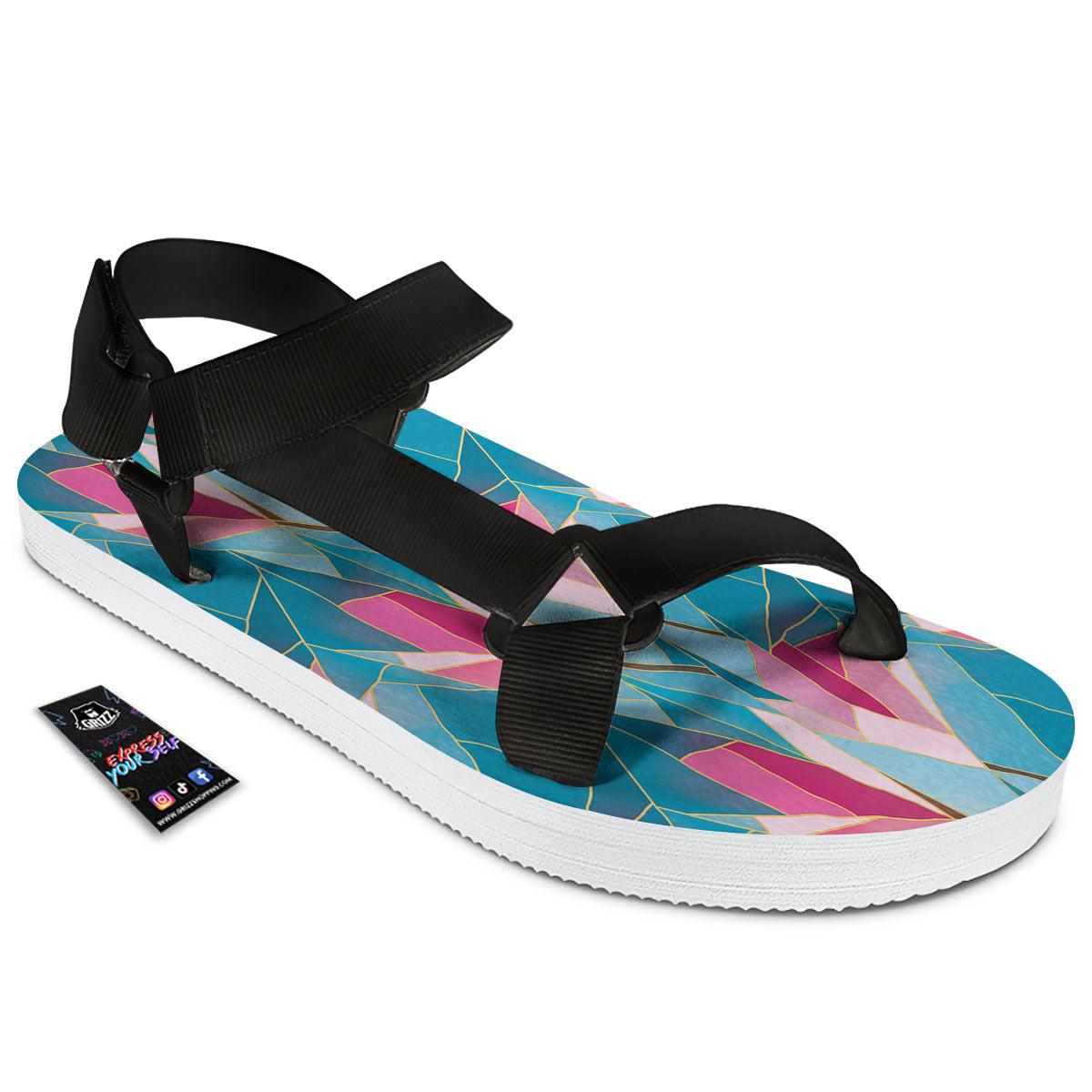 Tulip Polygon Print Pattern Black Open Toe Sandals-grizzshop