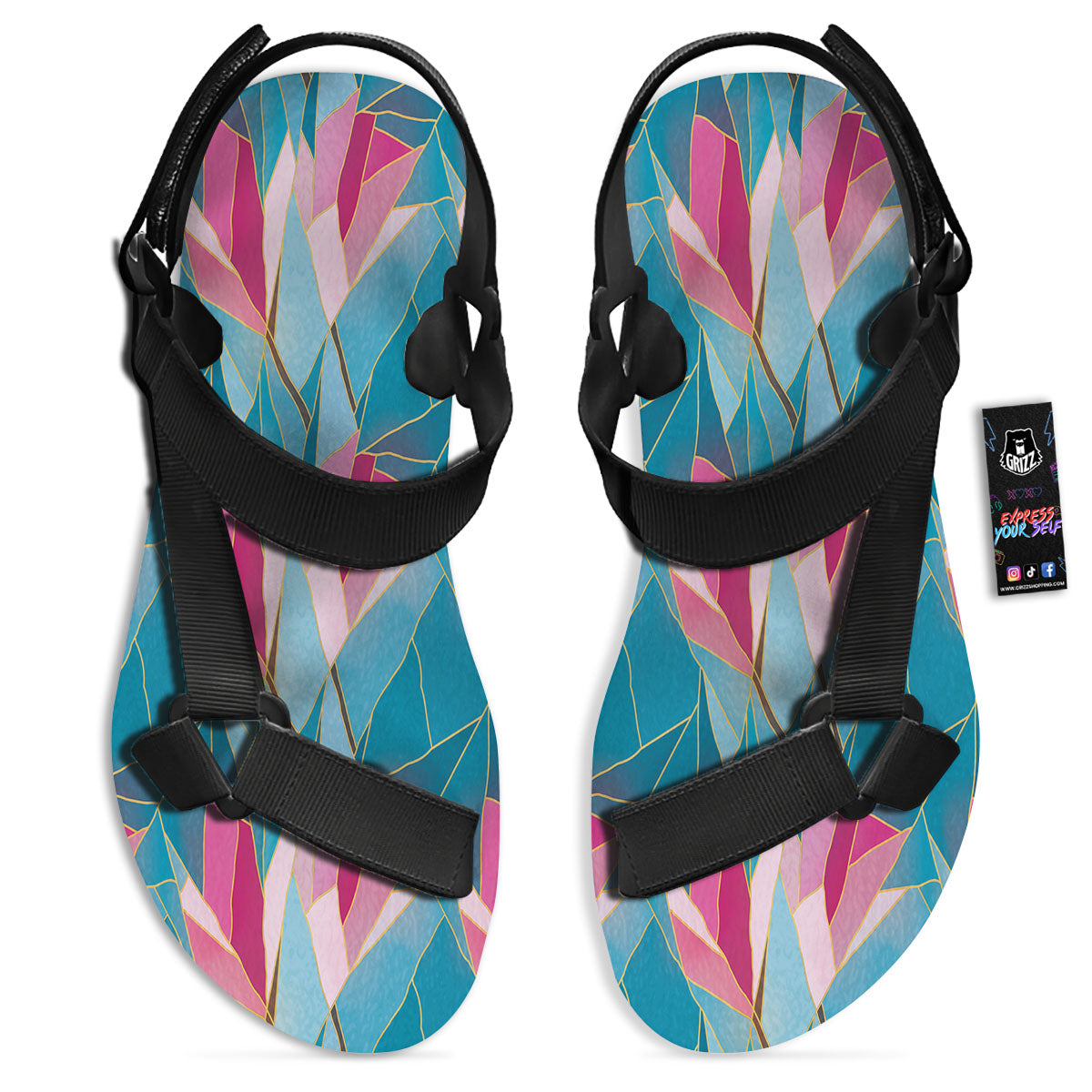 Tulip Polygon Print Pattern Black Open Toe Sandals-grizzshop