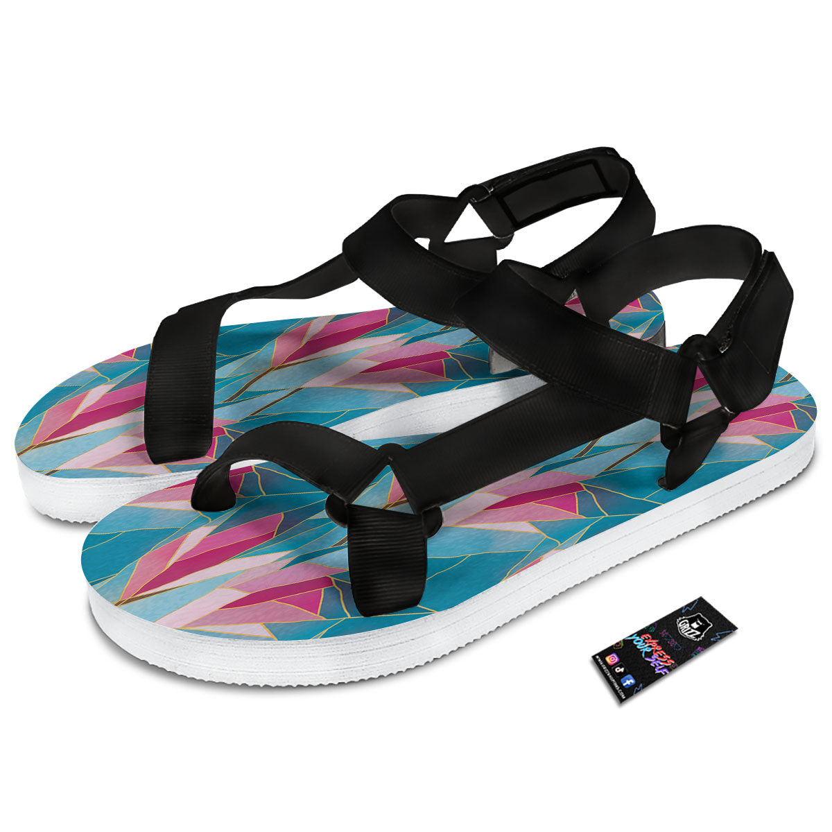 Tulip Polygon Print Pattern Black Open Toe Sandals-grizzshop