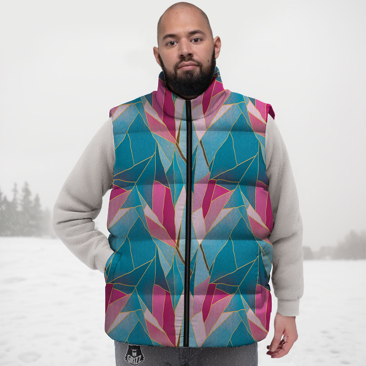 Tulip Polygon Print Pattern Down Vest-grizzshop