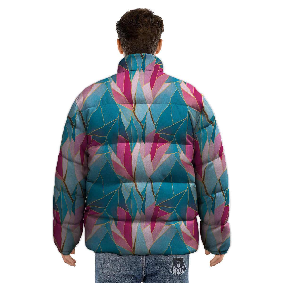 Tulip Polygon Print Pattern Puffer Jacket-grizzshop