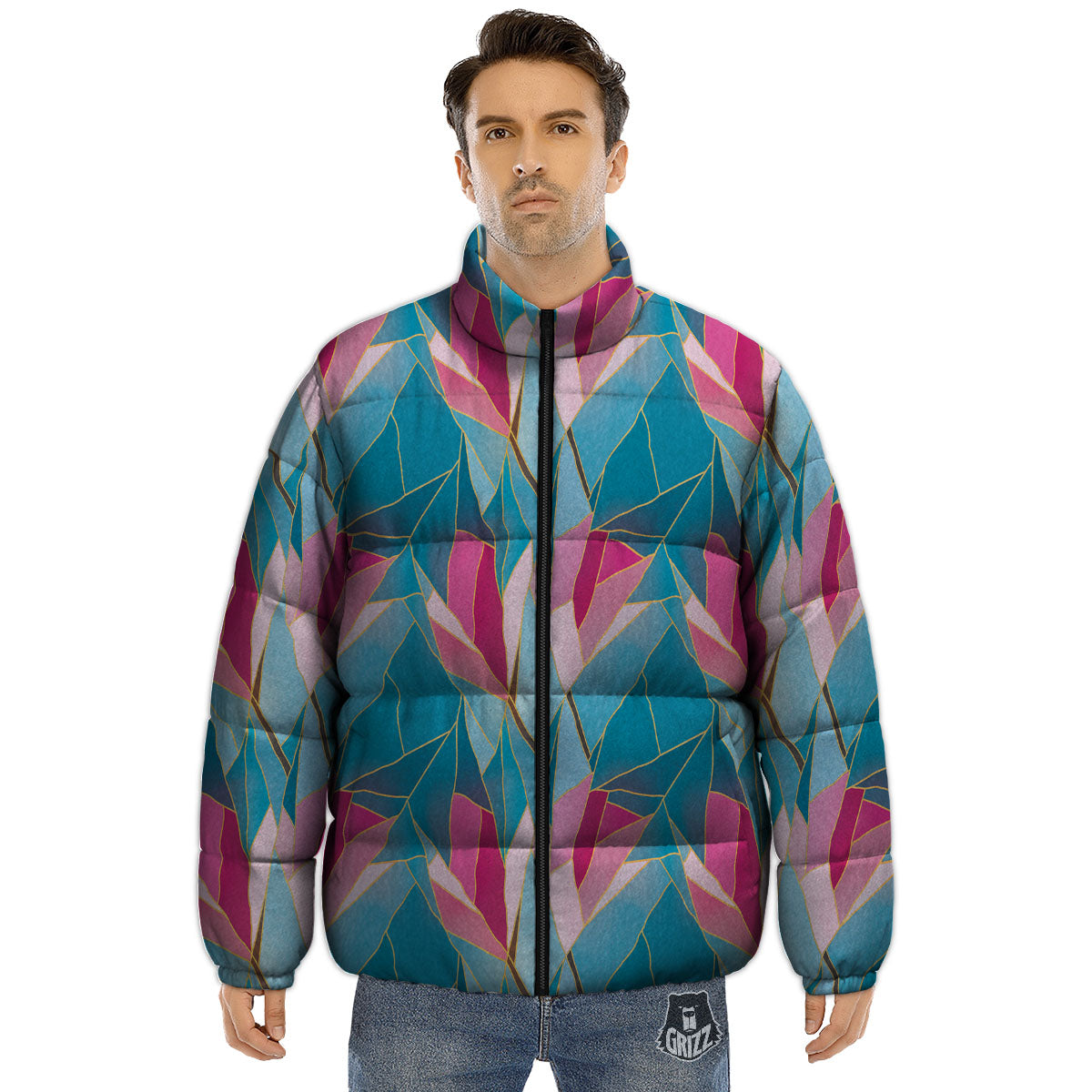 Tulip Polygon Print Pattern Puffer Jacket-grizzshop