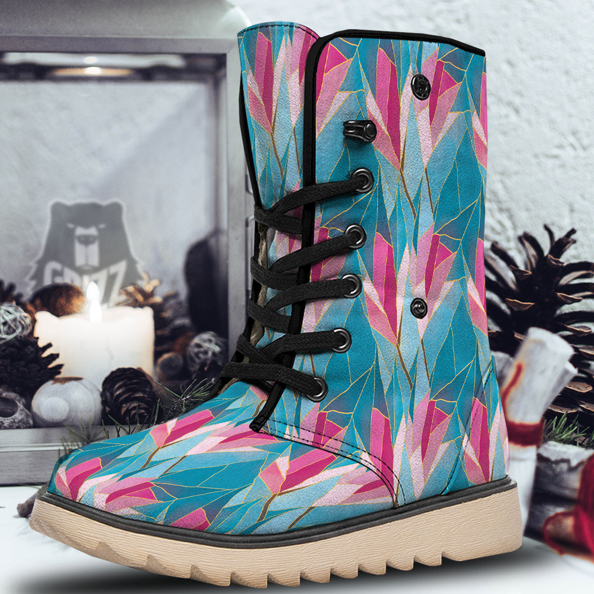 Tulip Polygon Print Pattern Snow Boots-grizzshop