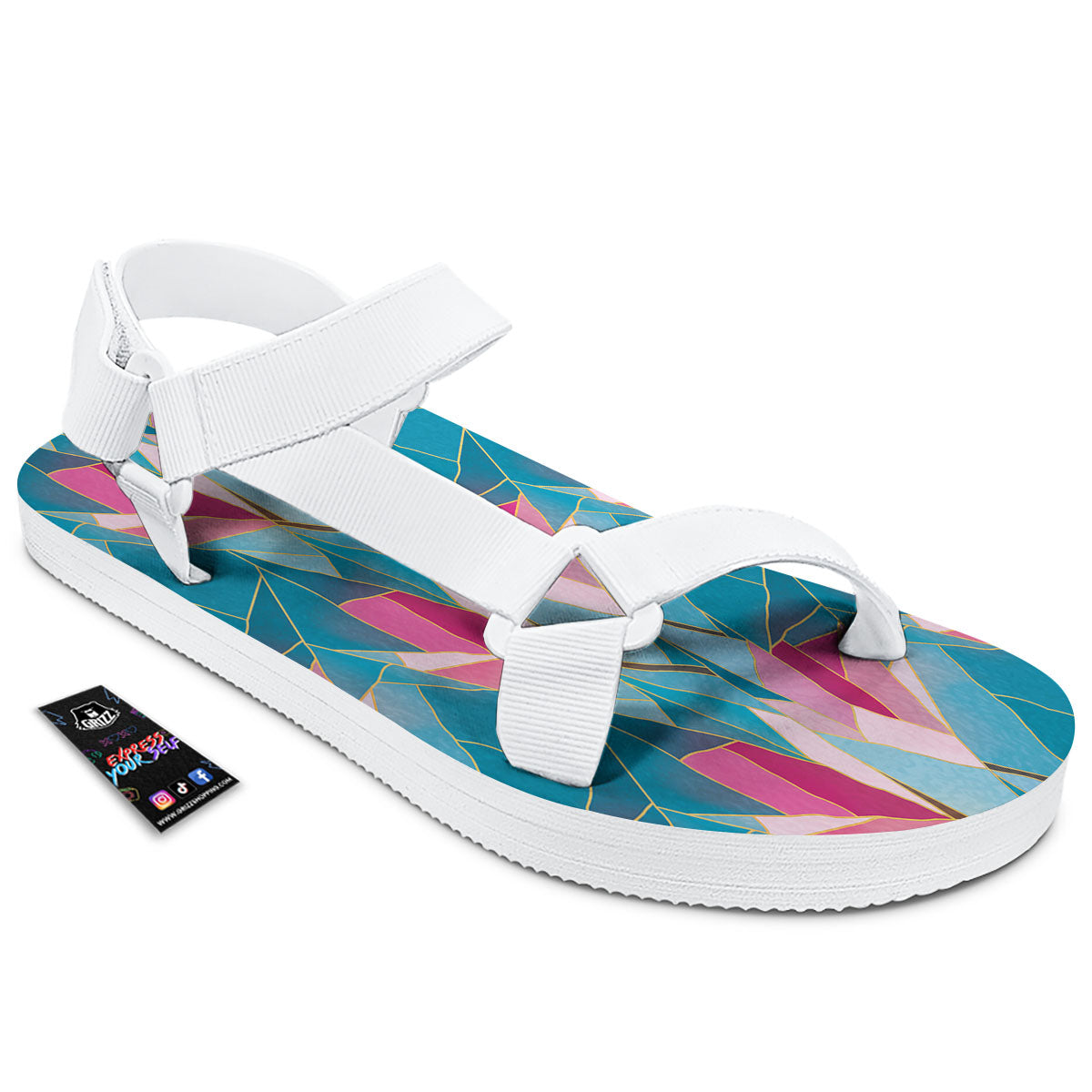 Tulip Polygon Print Pattern White Open Toe Sandals-grizzshop
