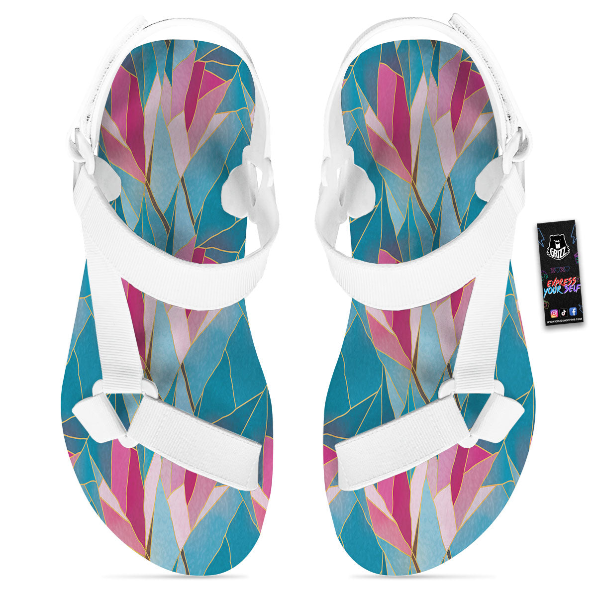 Tulip Polygon Print Pattern White Open Toe Sandals-grizzshop