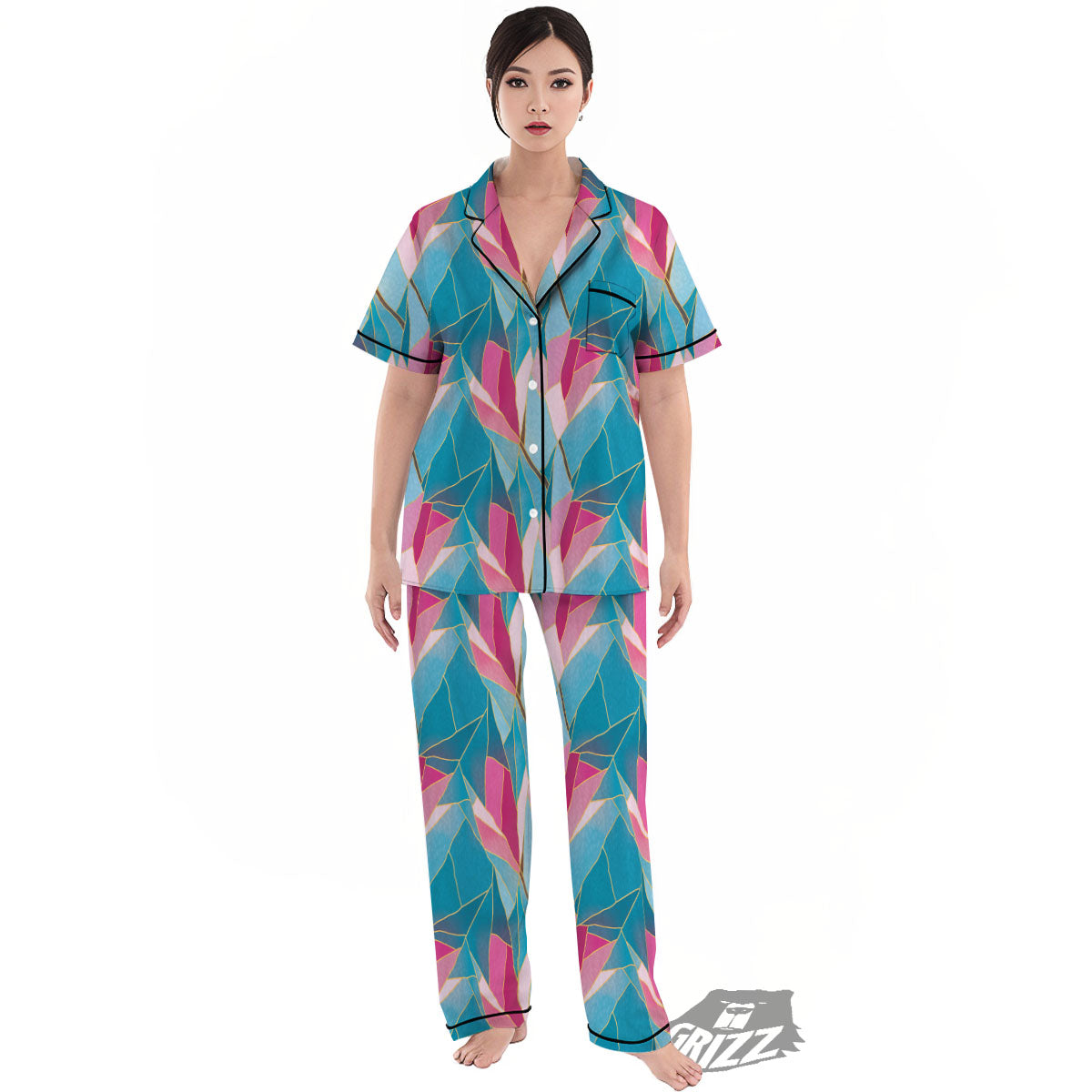 Tulip Polygon Print Pattern Women's Pajamas Set-grizzshop