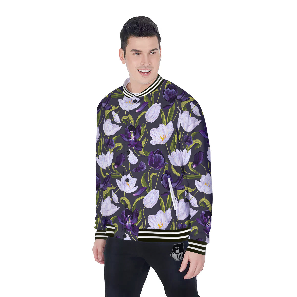 Tulip Purple And White Print Pattern Baseball Jacket-grizzshop