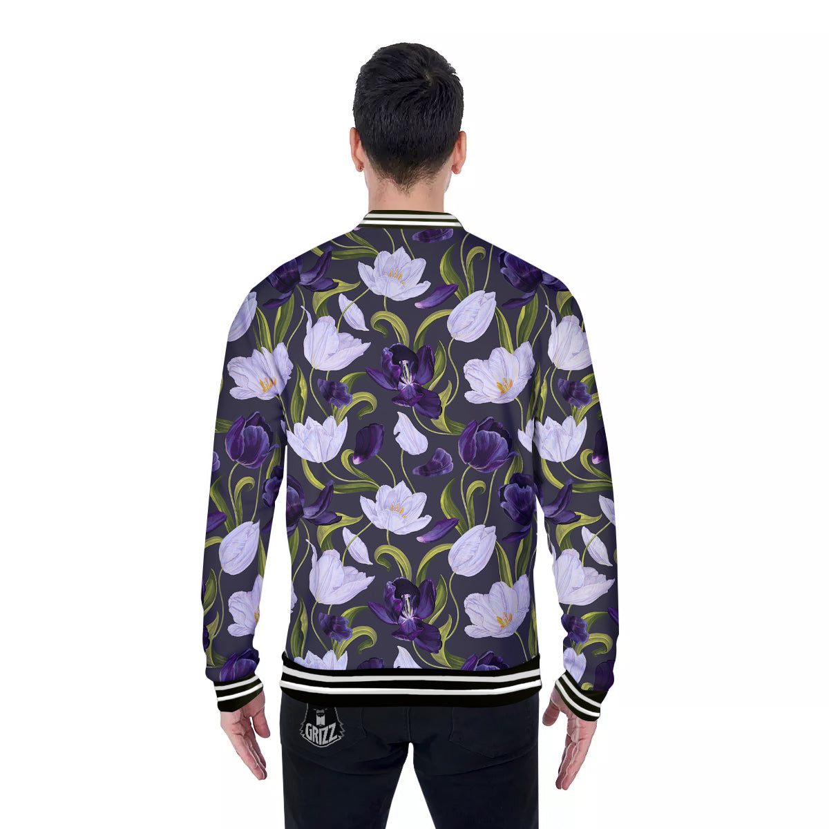 Tulip Purple And White Print Pattern Baseball Jacket-grizzshop