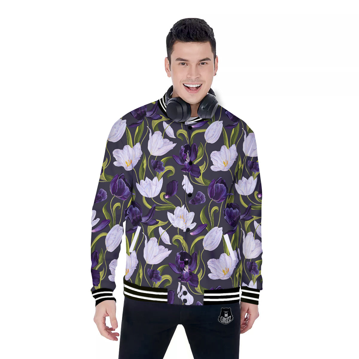 Tulip Purple And White Print Pattern Baseball Jacket-grizzshop