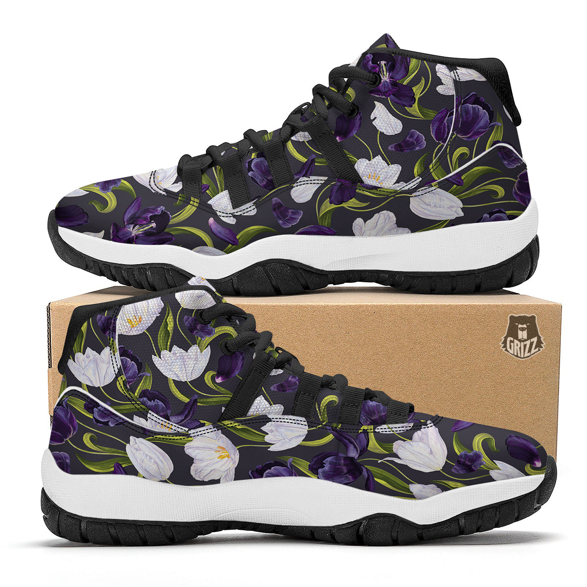 Tulip Purple And White Print Pattern Black Bball Shoes-grizzshop