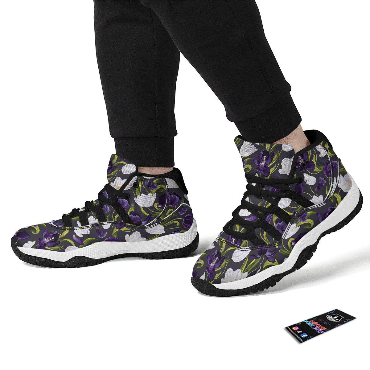 Tulip Purple And White Print Pattern Black Bball Shoes-grizzshop