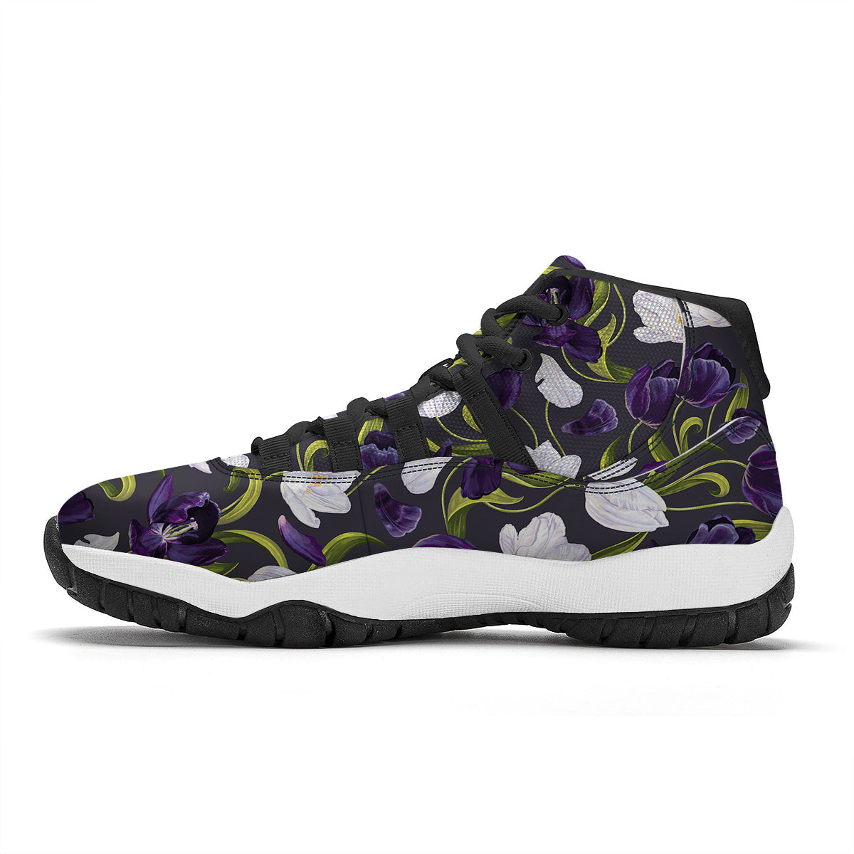 Tulip Purple And White Print Pattern Black Bball Shoes-grizzshop